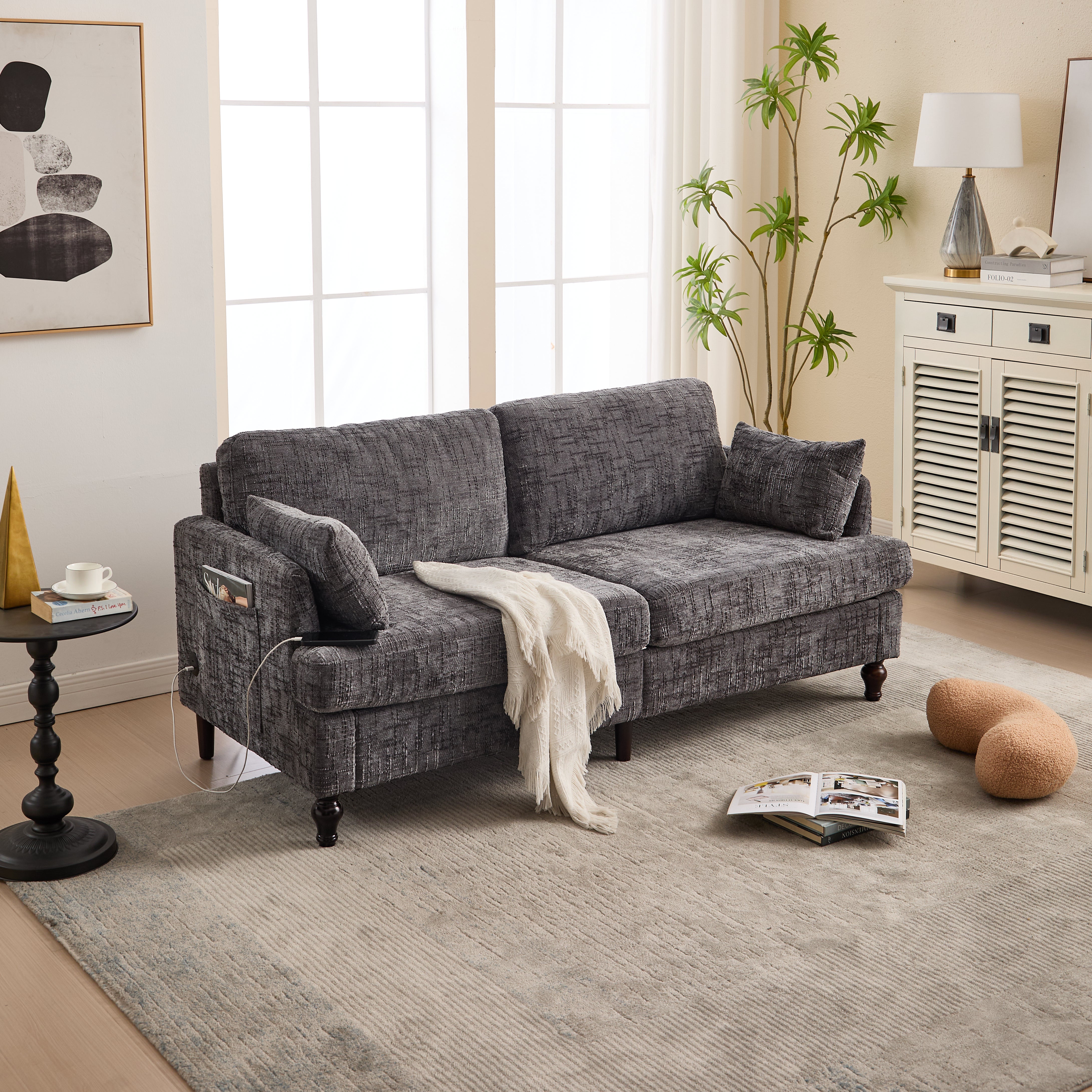 Sofa, 2-Seater with LED, USB, Storage, Chenille