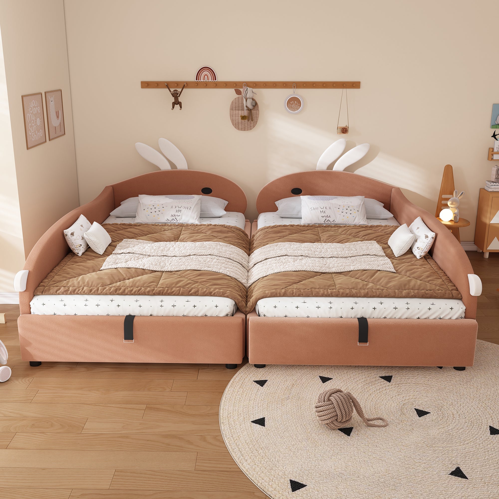 Upholstered Bed, Children's Hydraulic with Bunny Headboard & Storage, Velvet Pink+White