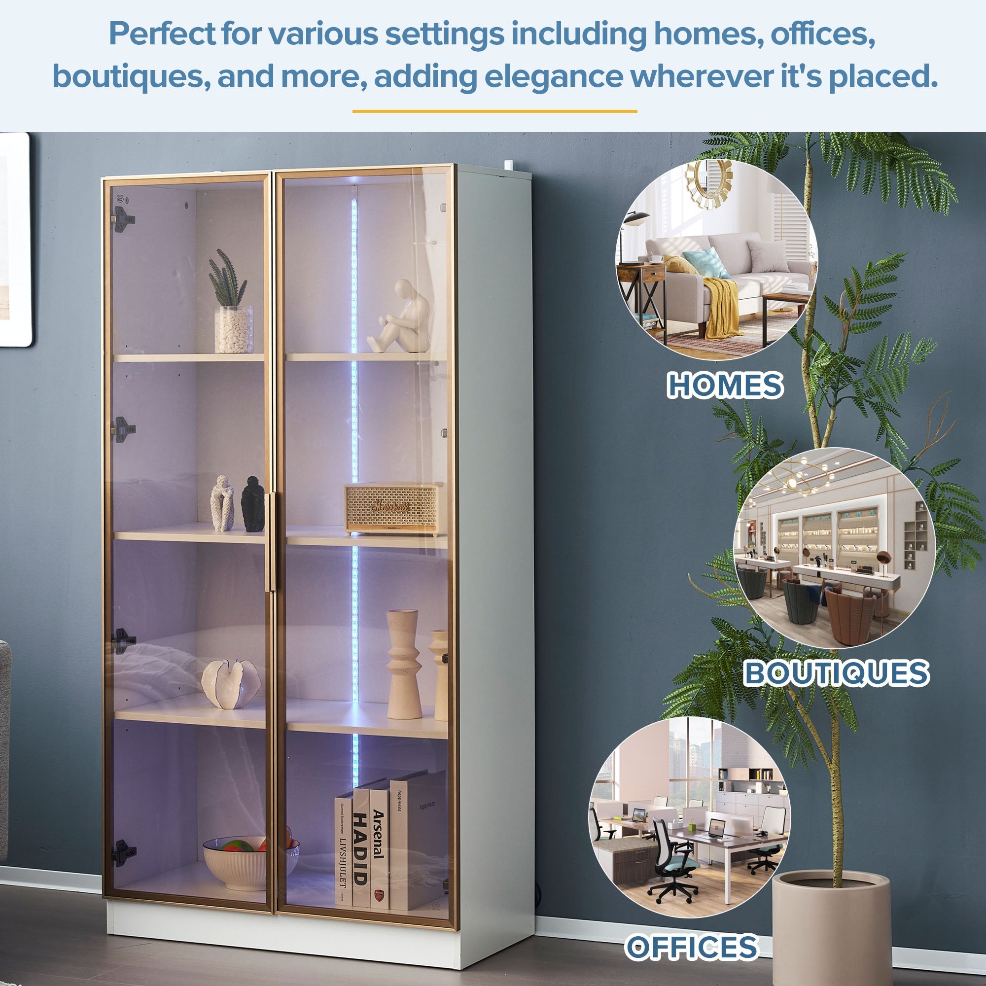 Modern Living Room Set: Two Glass Display Cabinets with LED Lighting, Adjustable Shelves, White Platinum Finish