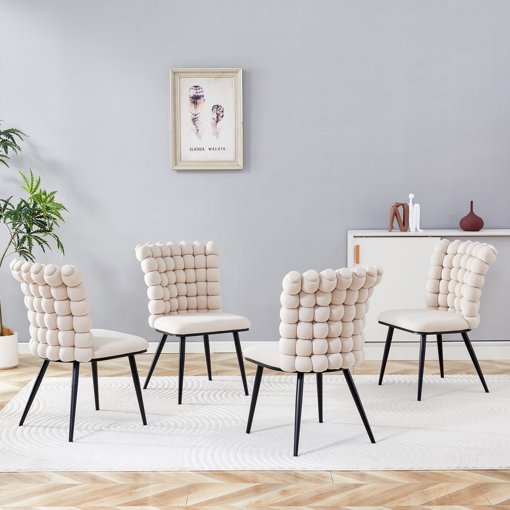 Velvet Dining Chairs Set of 2 Ball Design Metal Legs - Cream White
