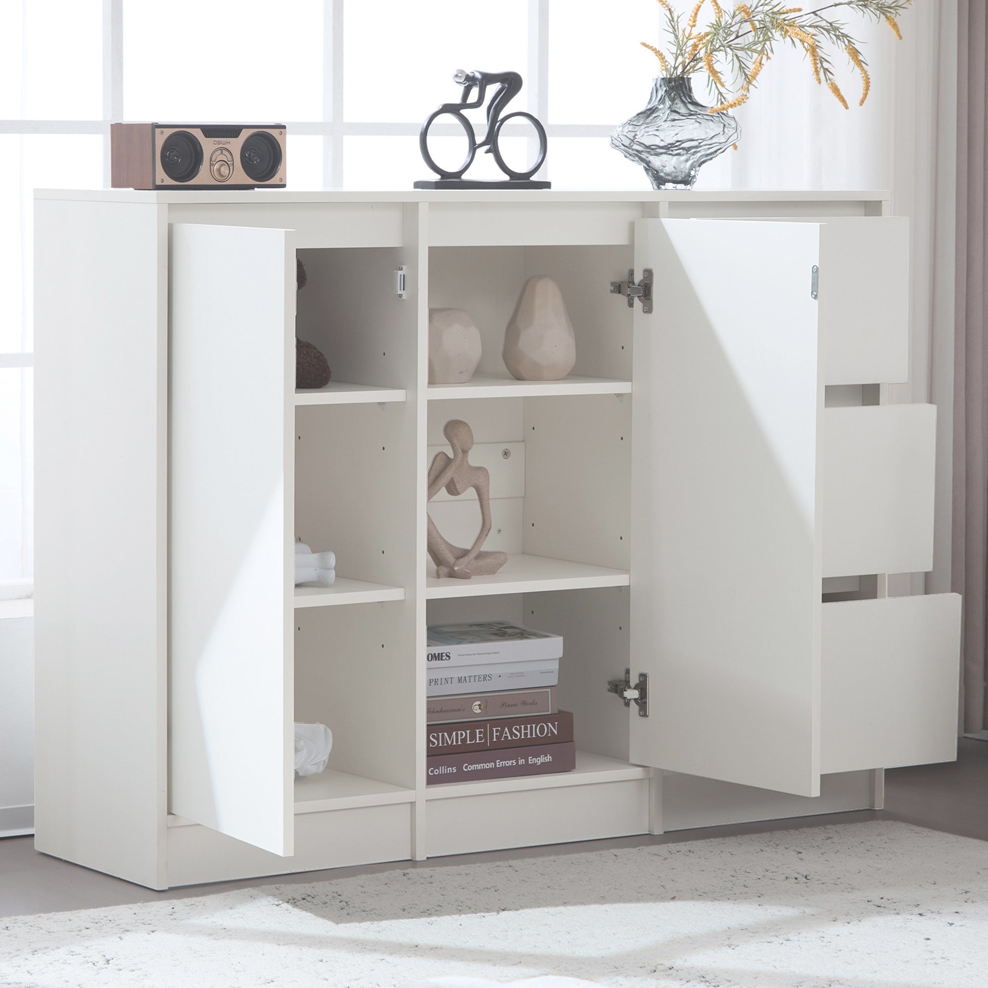 Modern Sideboard Chest of Drawers Shoe Cabinet with Storage, Two Doors, Three Drawers, Adjustable Shelf, White