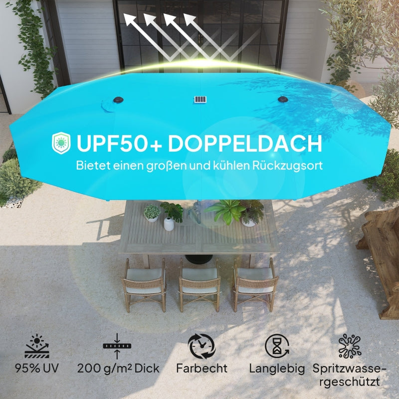 Doppel-Sonnenschirm, Solar-LED-Beleuchtung, UV 50+, Aluminium, Blau
