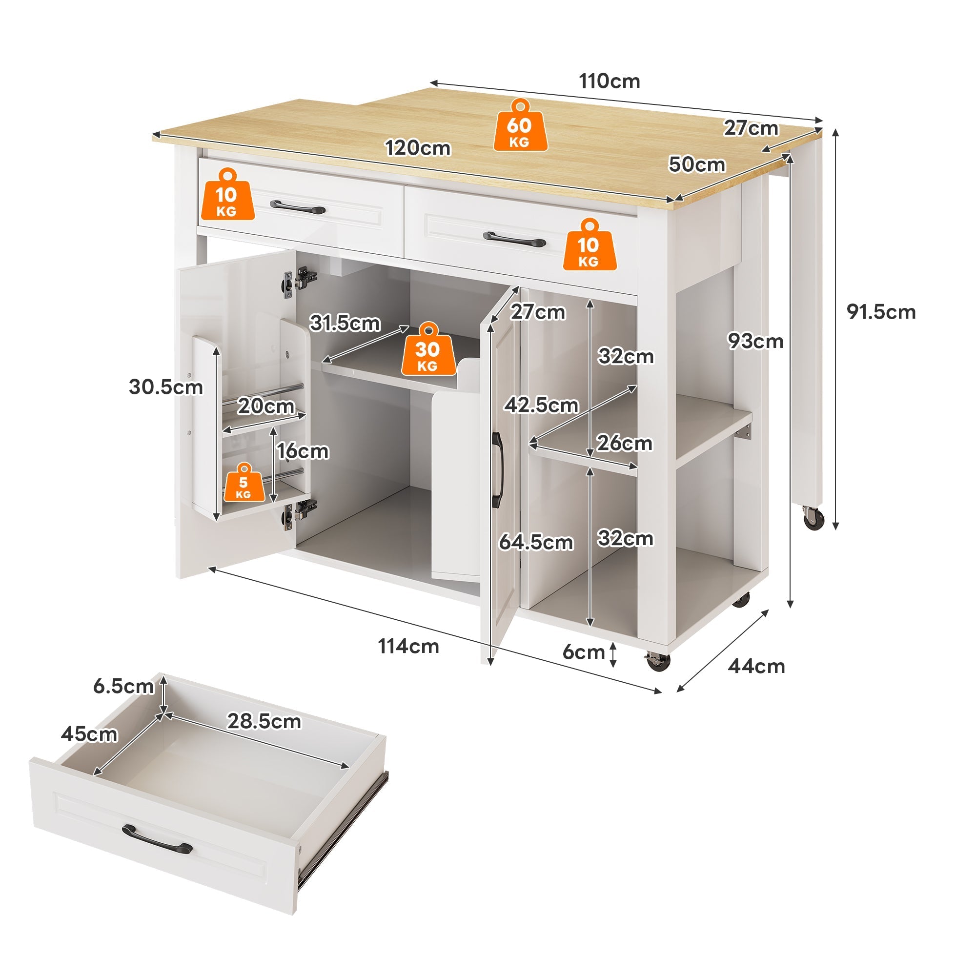 Mobile Kitchen Island with Power Outlets and Extendable Bar Counter, Wood Look