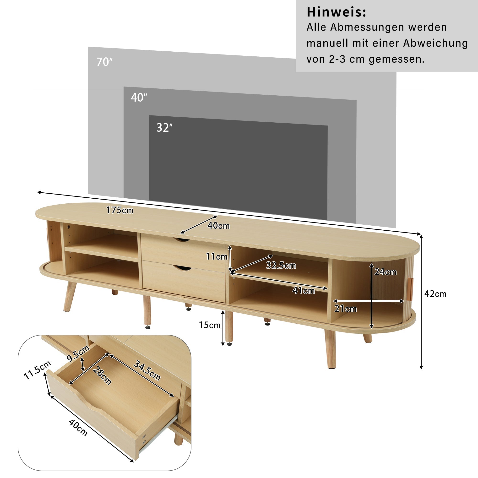 Living Room TV Cabinet with Storage, Round Table Top, 2 Drawers, MDF Wood Grain