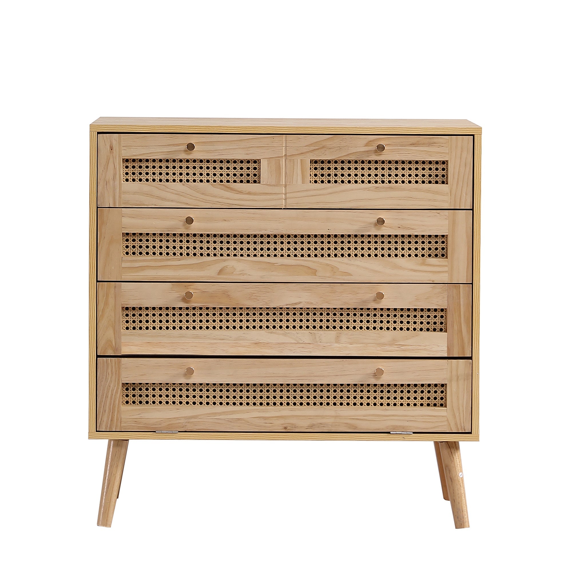 Classic chest of drawers with 3 drawers, rattan drawer top, gold metal handle, wooden legs, chipboard