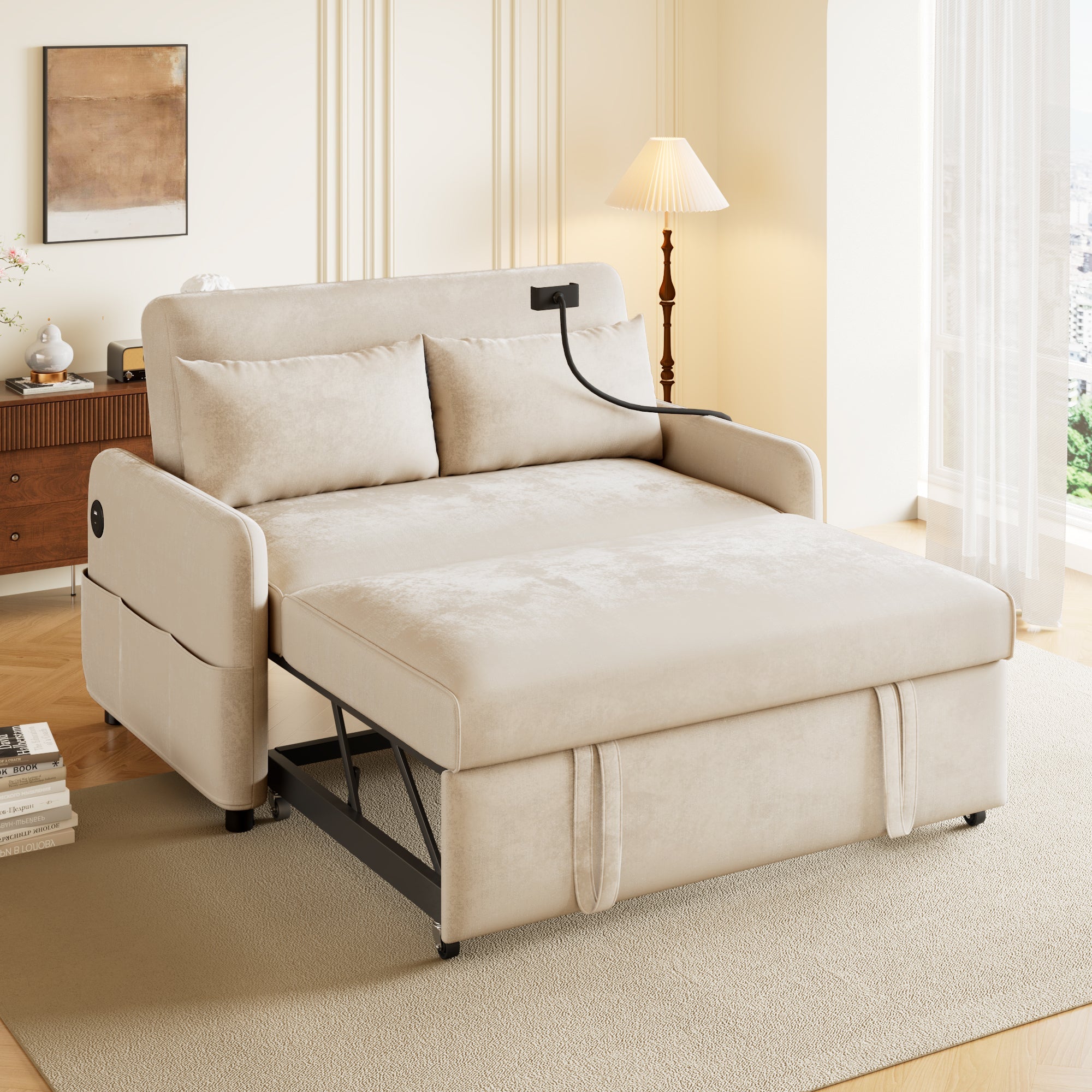 Sofa Bed, Modern Double Folding with Adjustable Backrest, USB Charging, Multifunctional