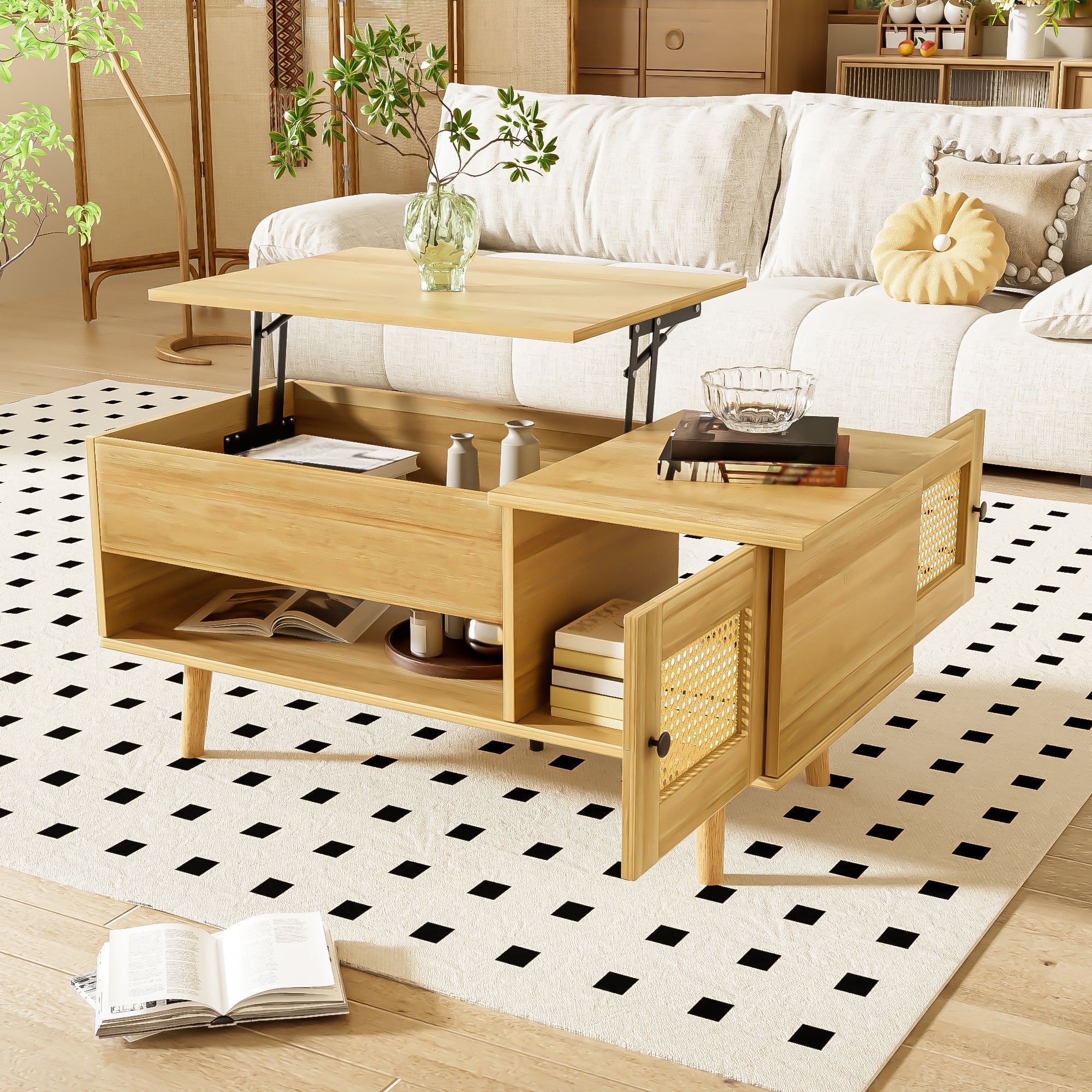 Coffee Table Lift-Up Top Rattan Doors Storage Wood/Black