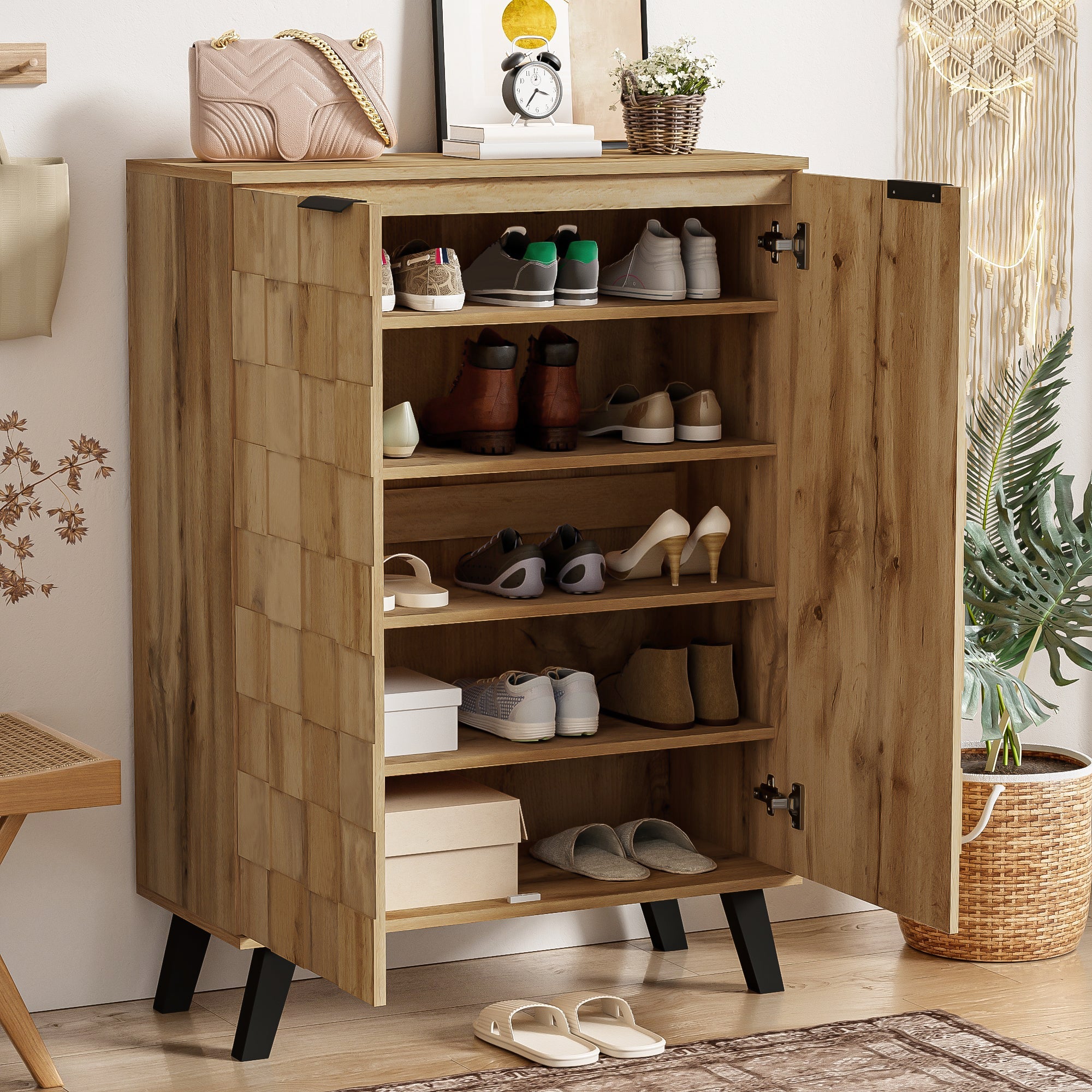 Sideboard Shoe Cabinet with 5 Adjustable Compartments, Wood