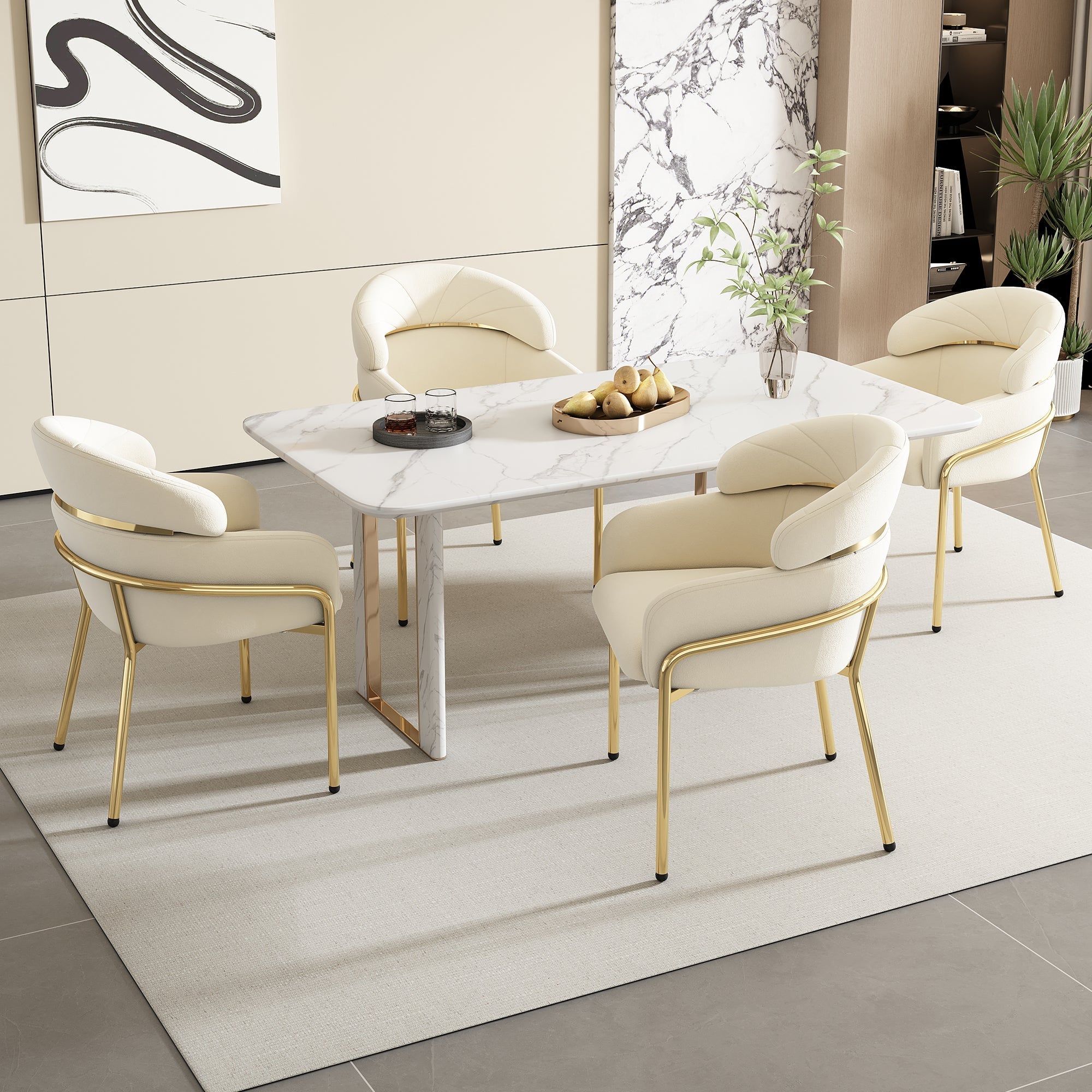 Set of 2 Dining Chairs with Metal Legs and Lightweight Luxury Design, Beige Velvet