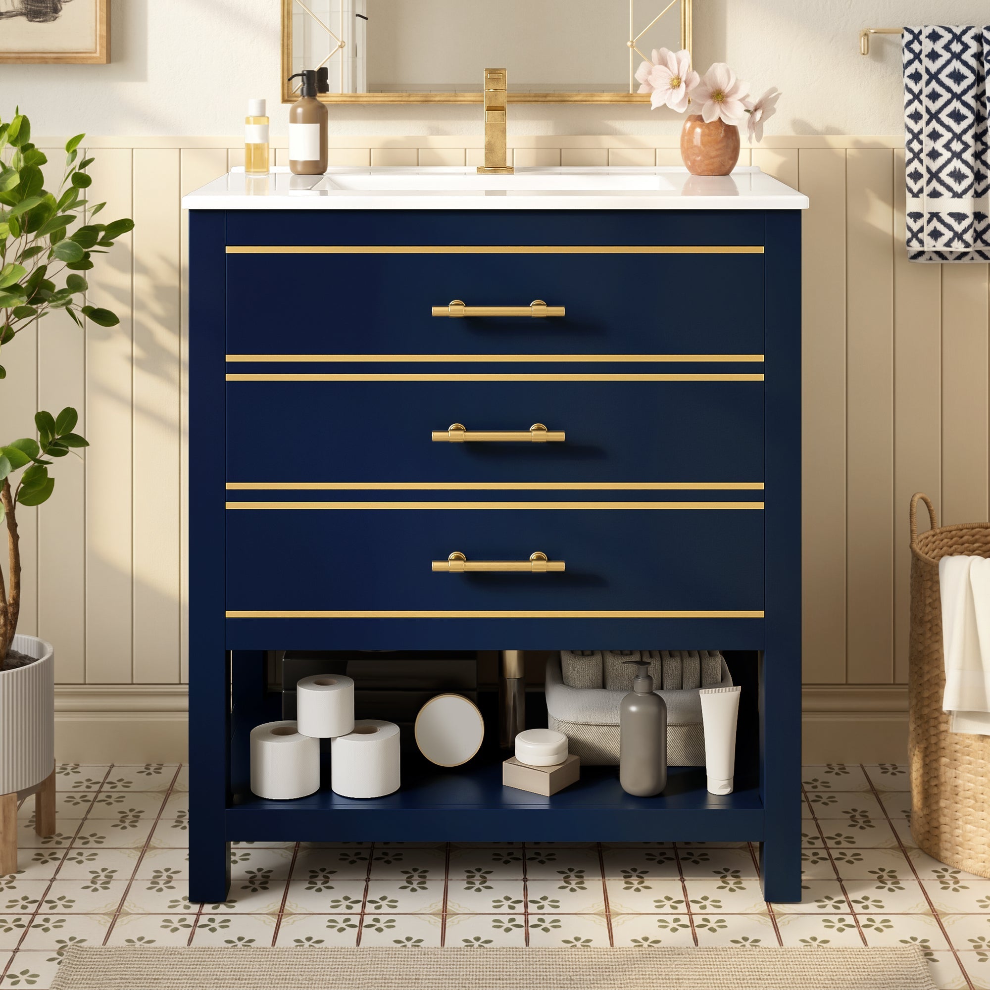 Bathroom Vanity Unit with Ceramic Sink and 2 Drawers, White and Gold