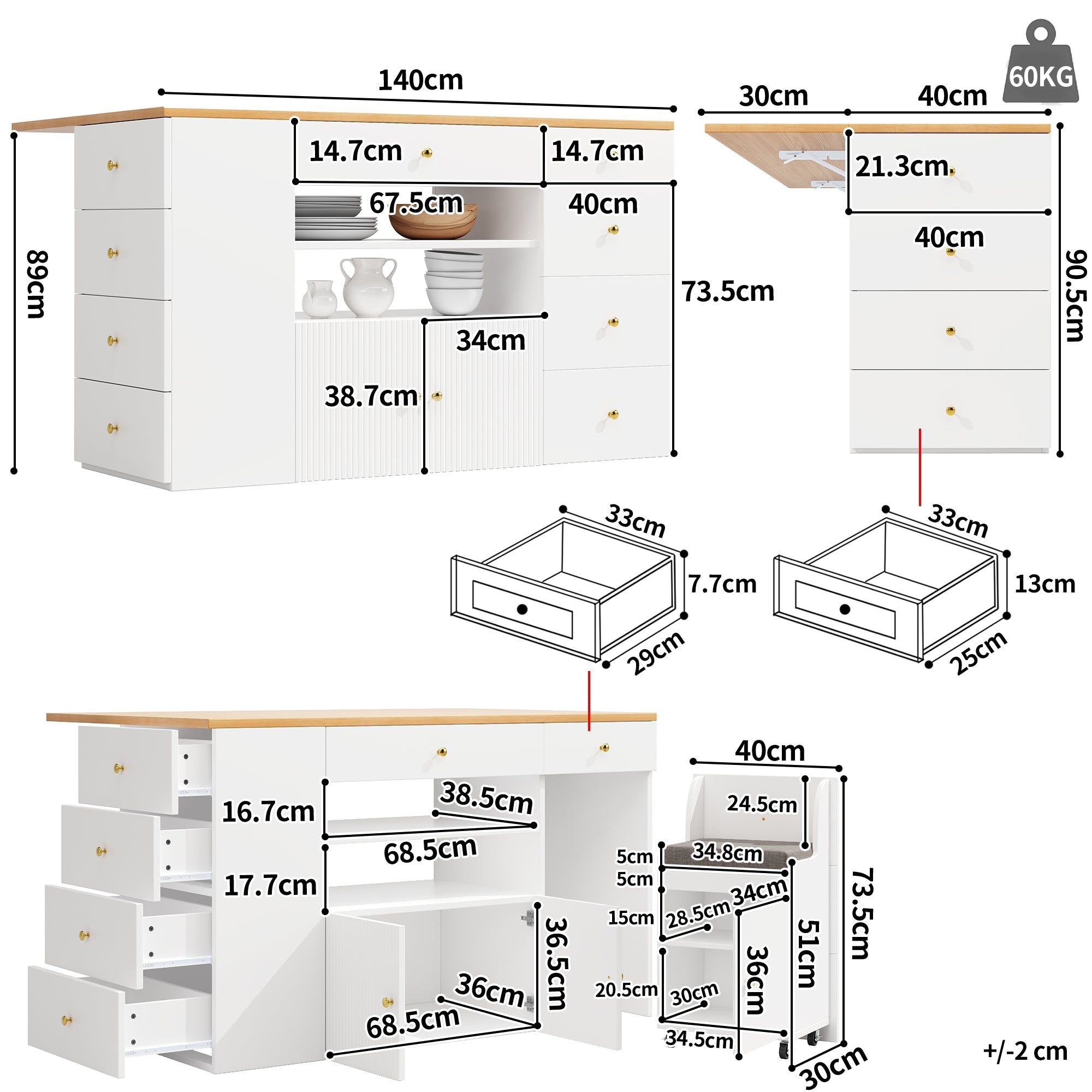 Kitchen Island Sideboard with 6 Drawers and Bar Stools, White and Black