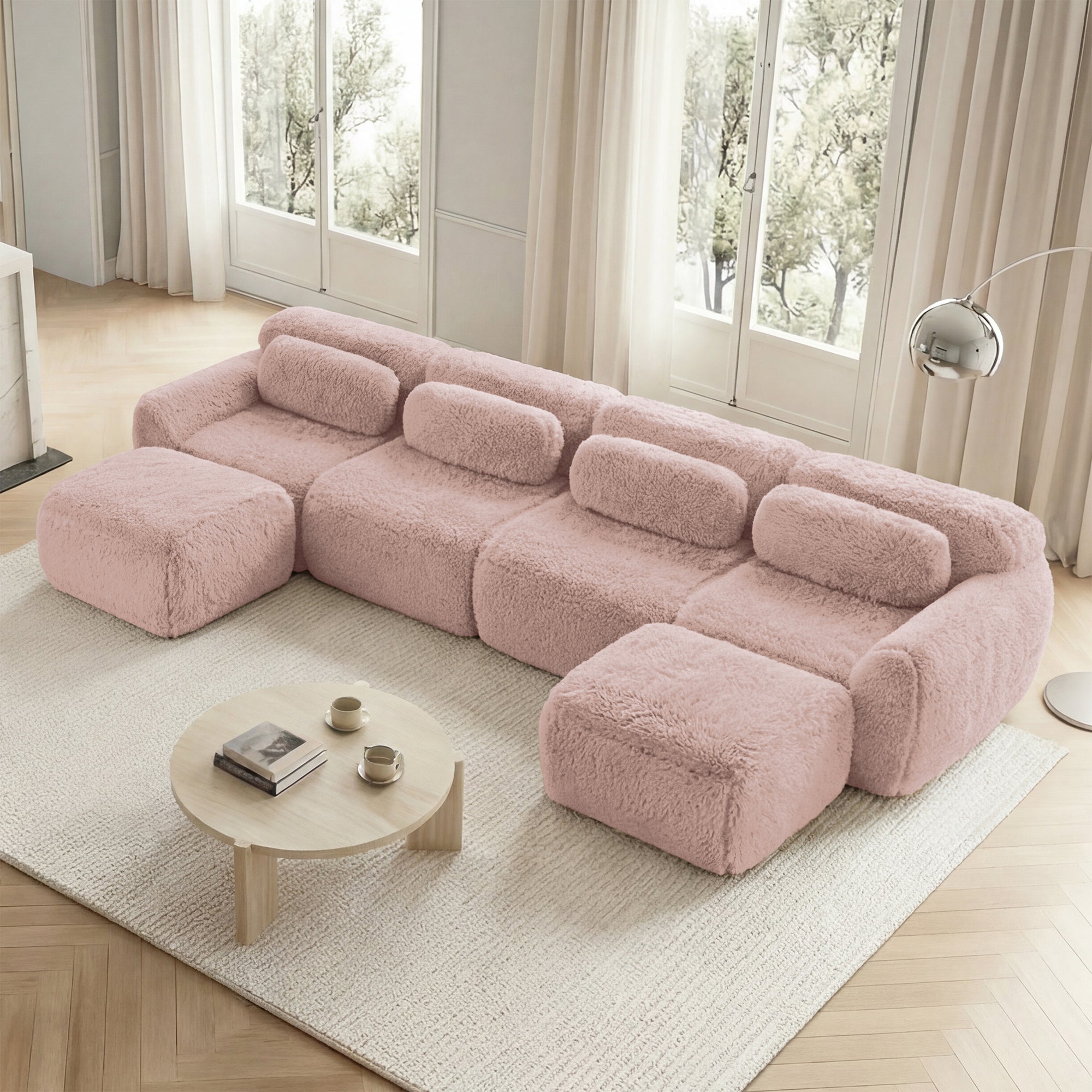 U-Shaped Modular Sofa No Assembly Plush Fabric - Pink