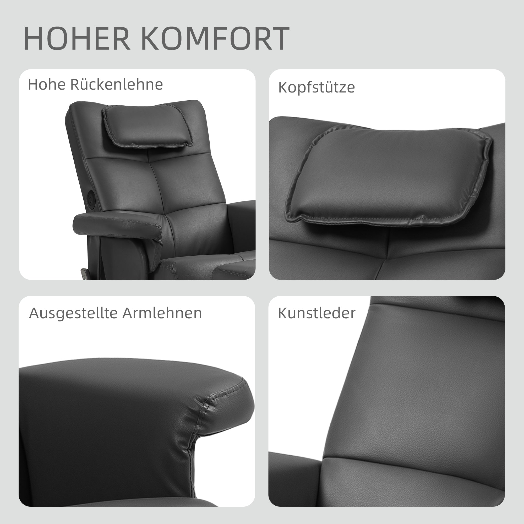 Reclining Massage Armchair with Footstool, Storage, Side Pocket - Faux Leather Black