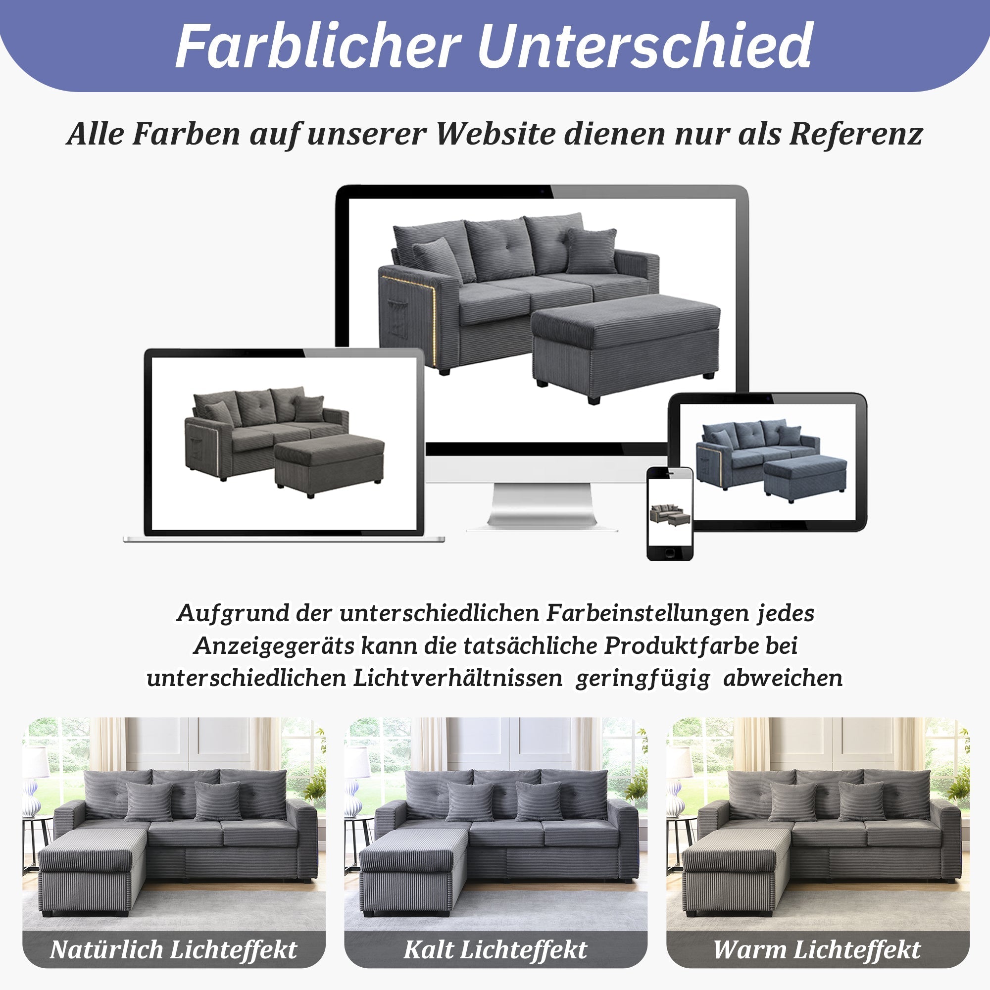 Sofa, 5-Cushion Supreme Set LED 3-Seater with Ottoman, Modular L-Shaped