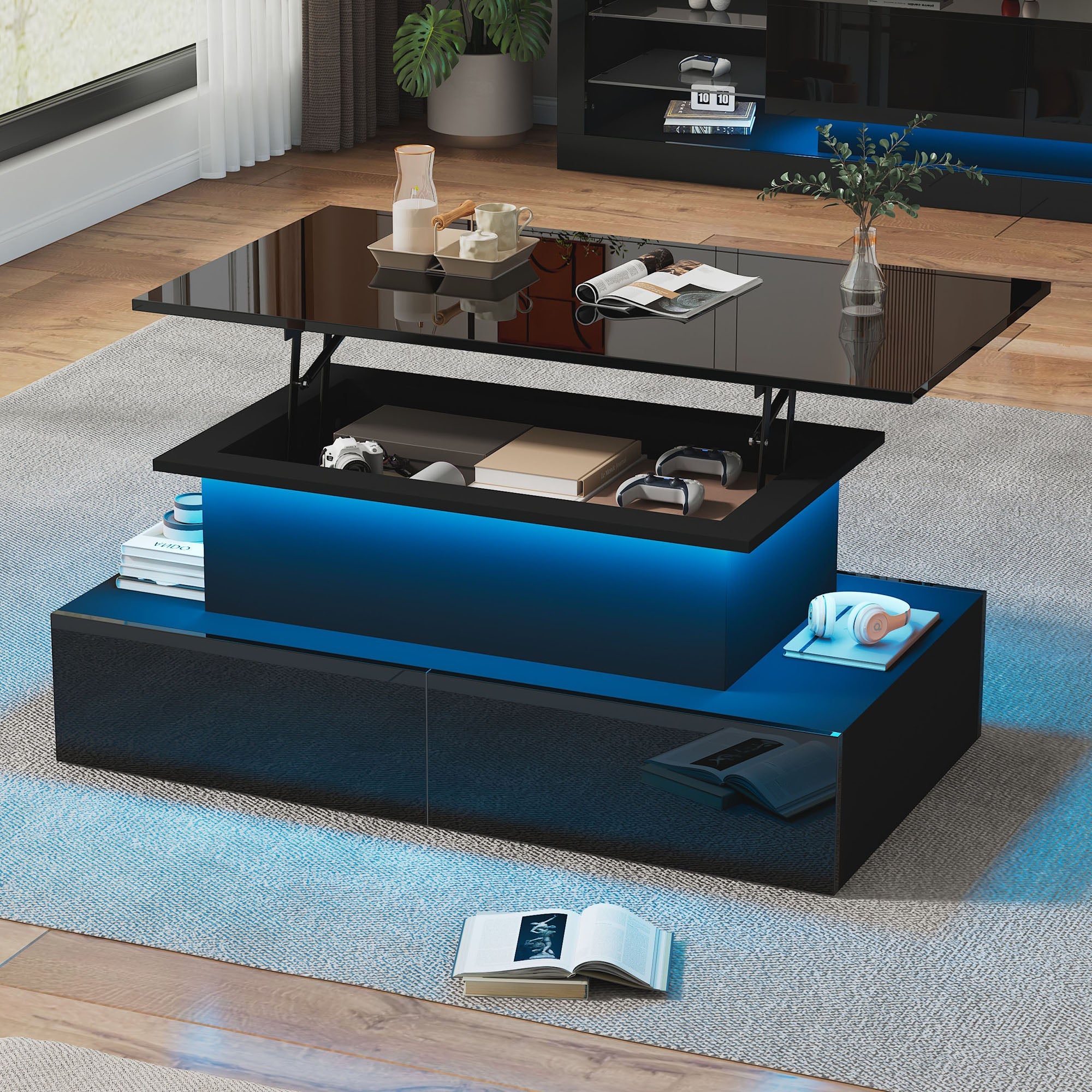 Coffee Table, LED Lit with 4 Drawers, Black High-Gloss