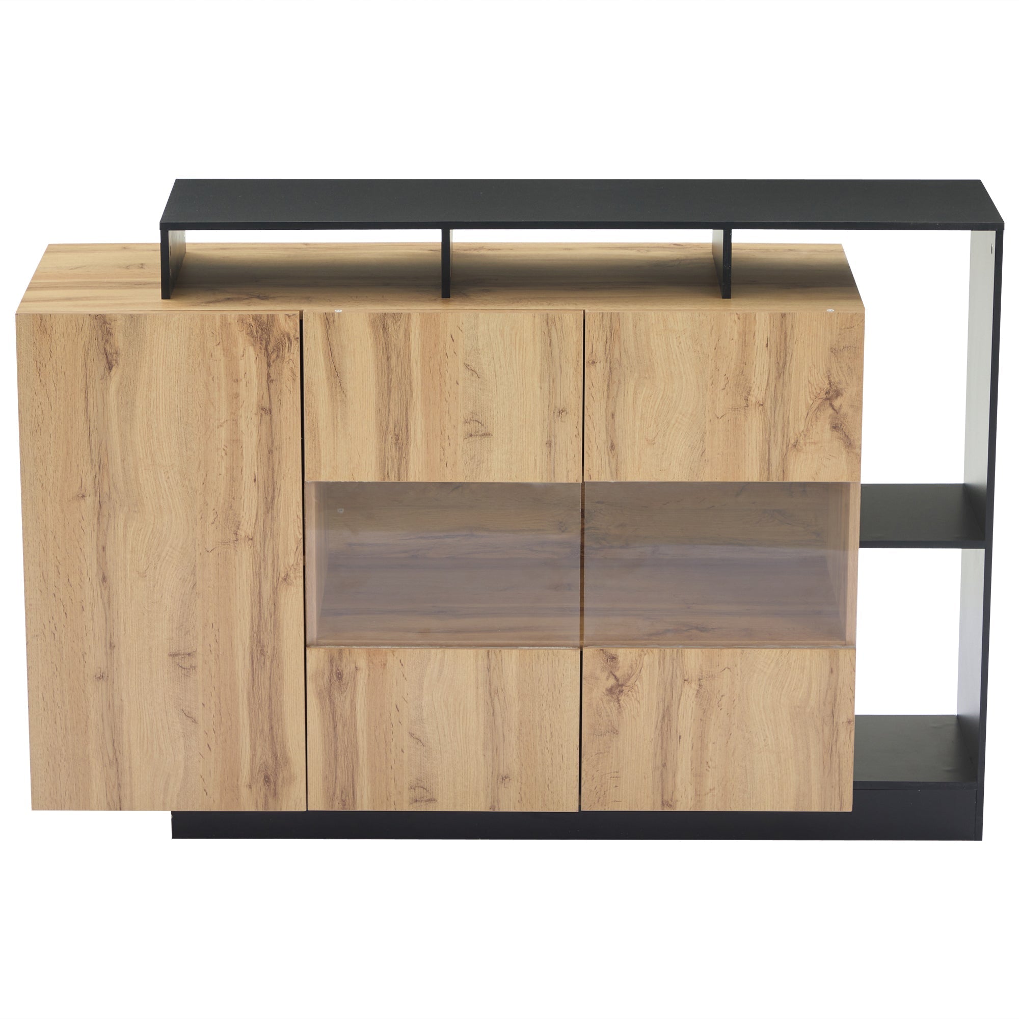 Modern LED Sideboard, Glass Dining Cabinet with Bluetooth Control, Wood Color MDF