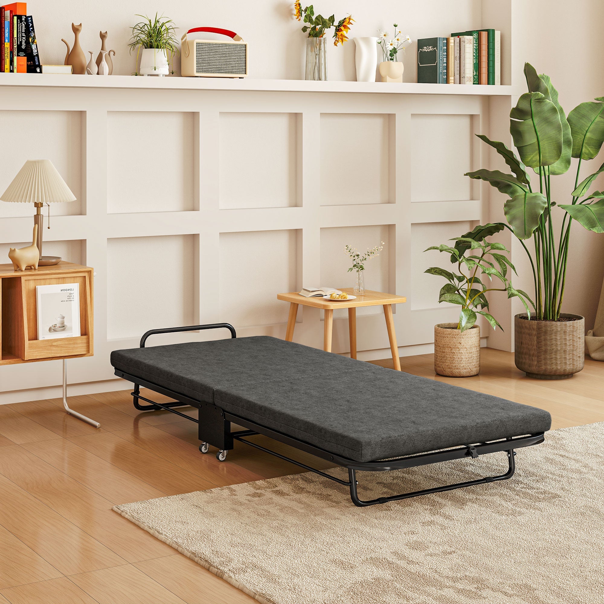 Single Folding Bed with 5-Position Adjustable Back and Wheels, Grey