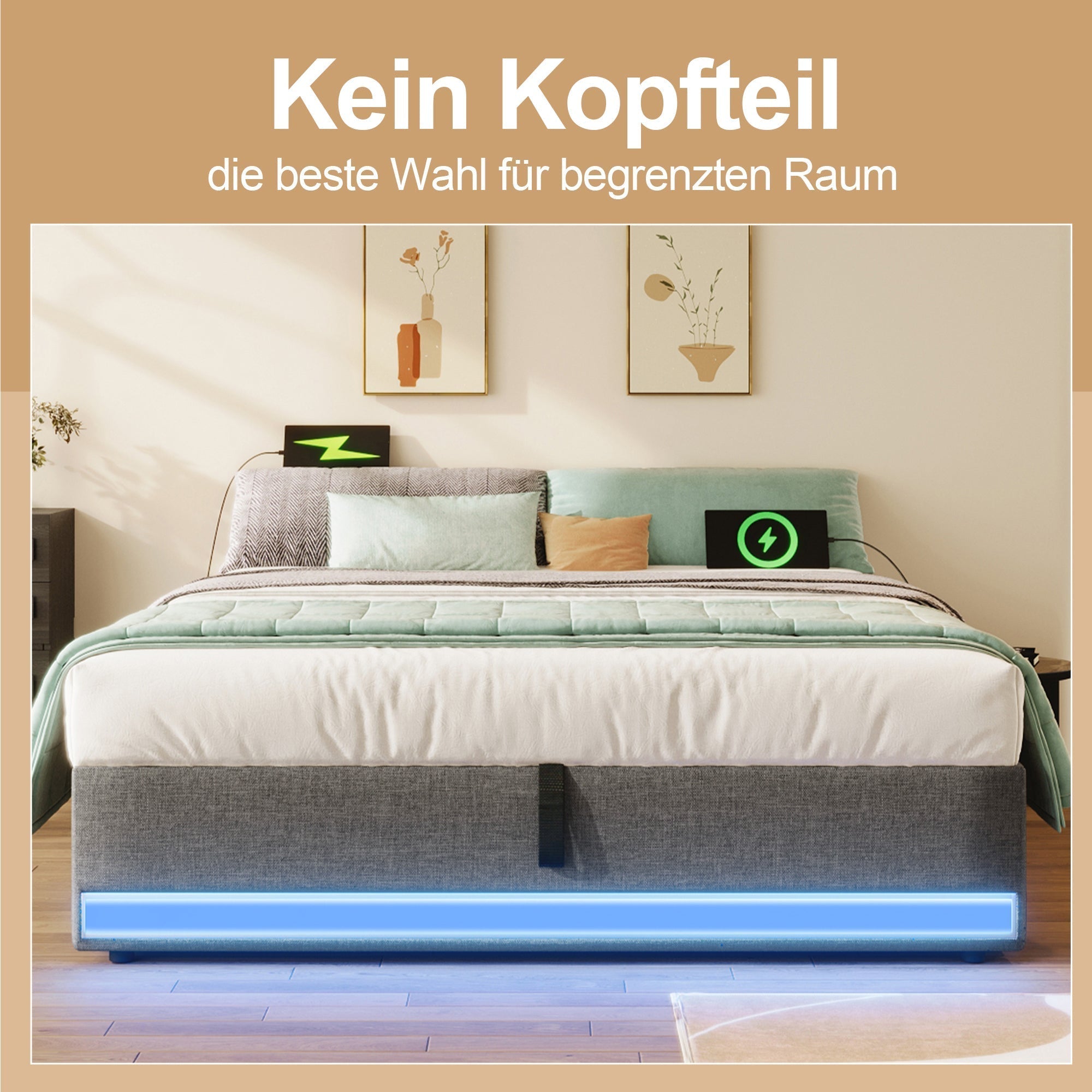 Upholstered Bed 140x200cm Hydraulic Storage LED USB/Type-C Pockets No Headboard - Grey