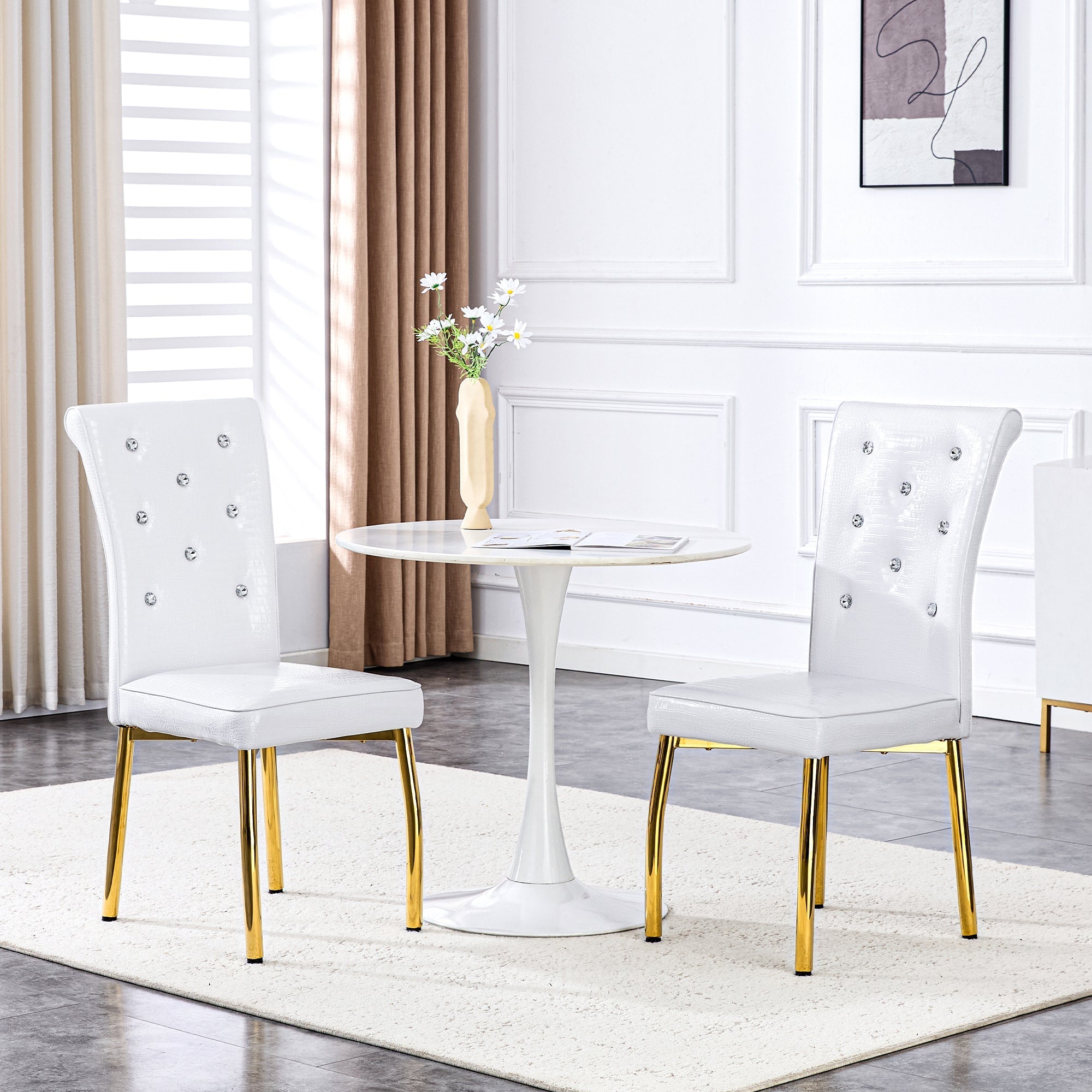Set of 2 Dining Chairs Retro Alligator-Skin Crystal Buckle Gold Legs - Faux Leather
