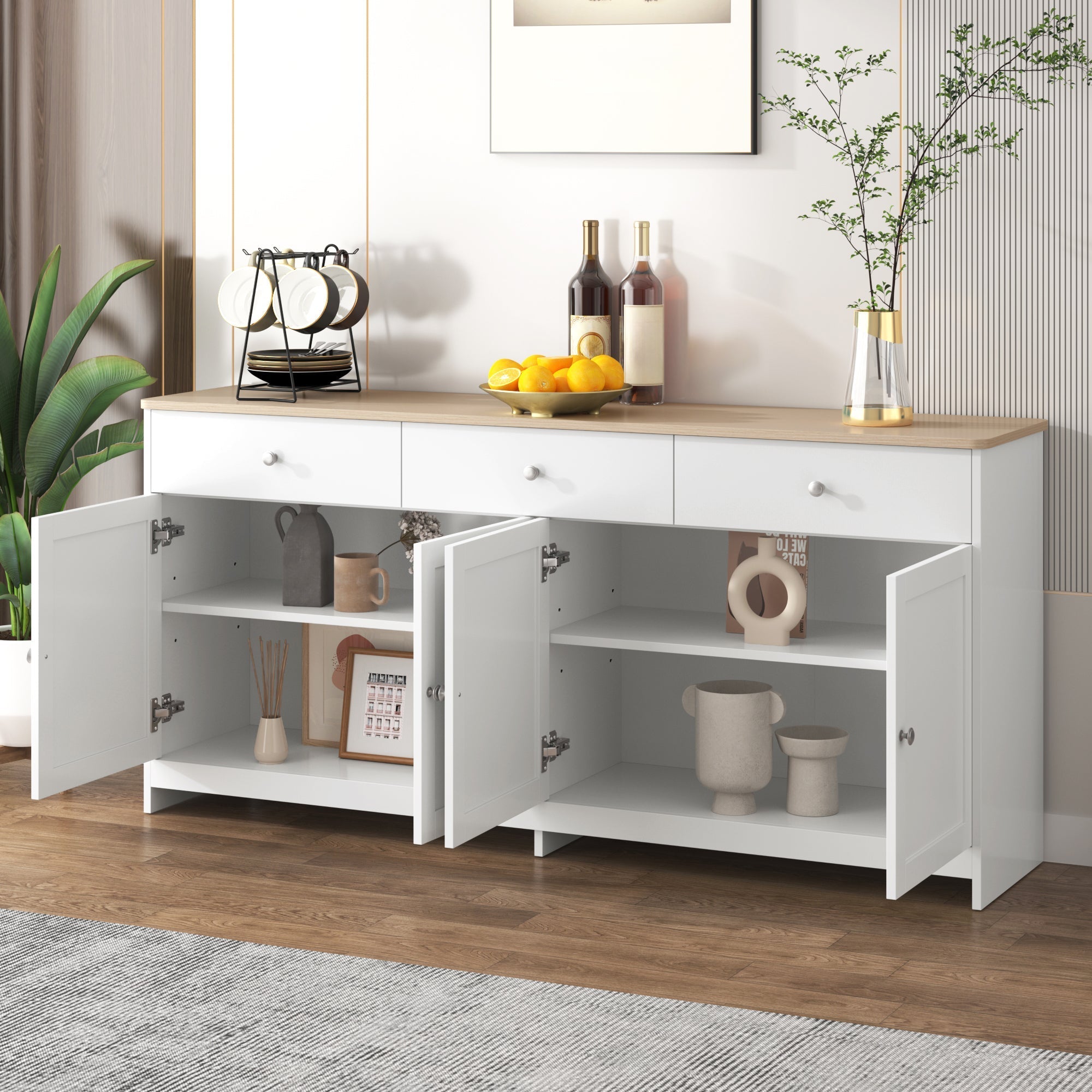Sideboard Buffet Cabinet with 4 Doors and 3 Drawers, White Wood Grain and Natural Wood Color