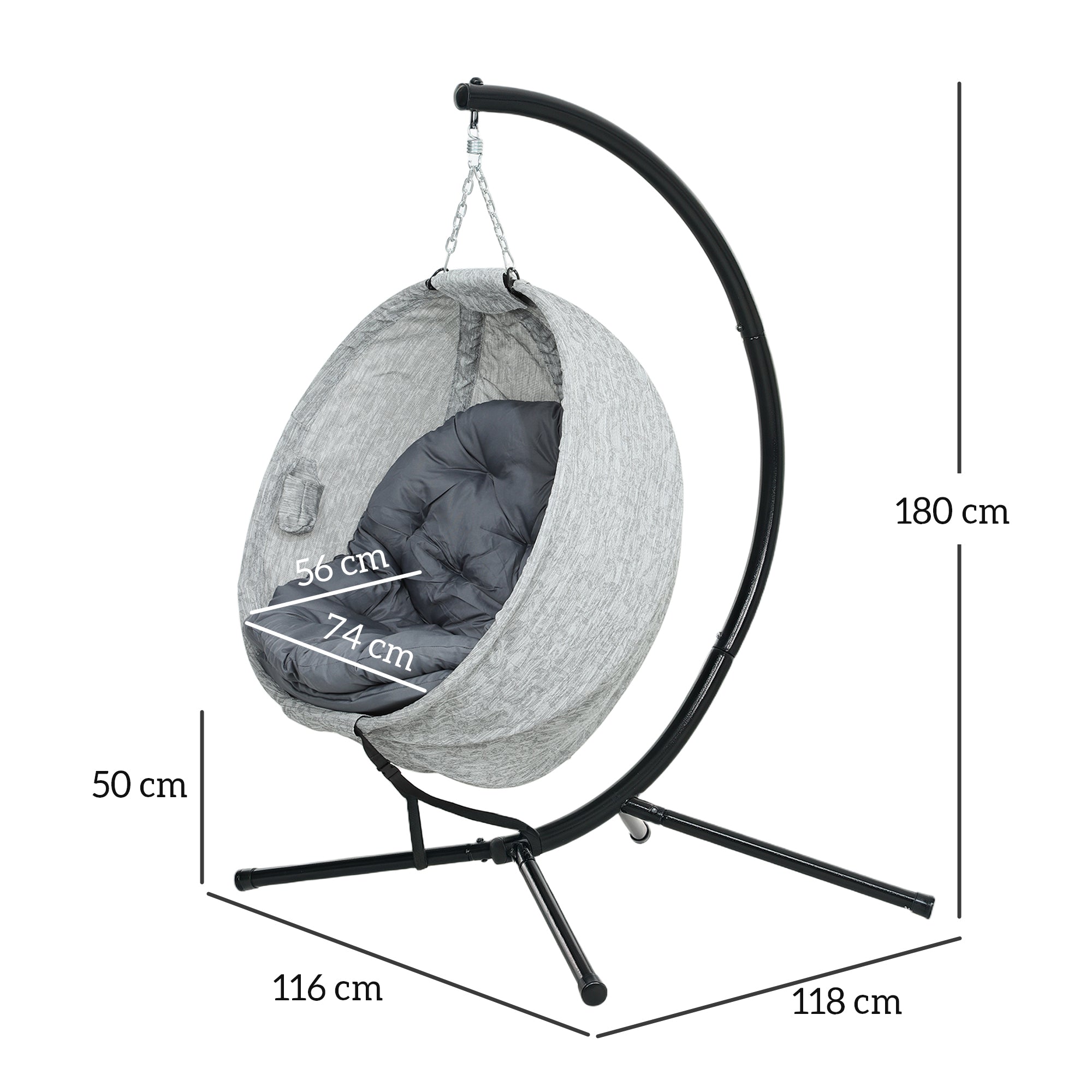 Eiförmiger Outdoor-Hängesessel, klappbare Schaukel mit Getränkehalter, Grau