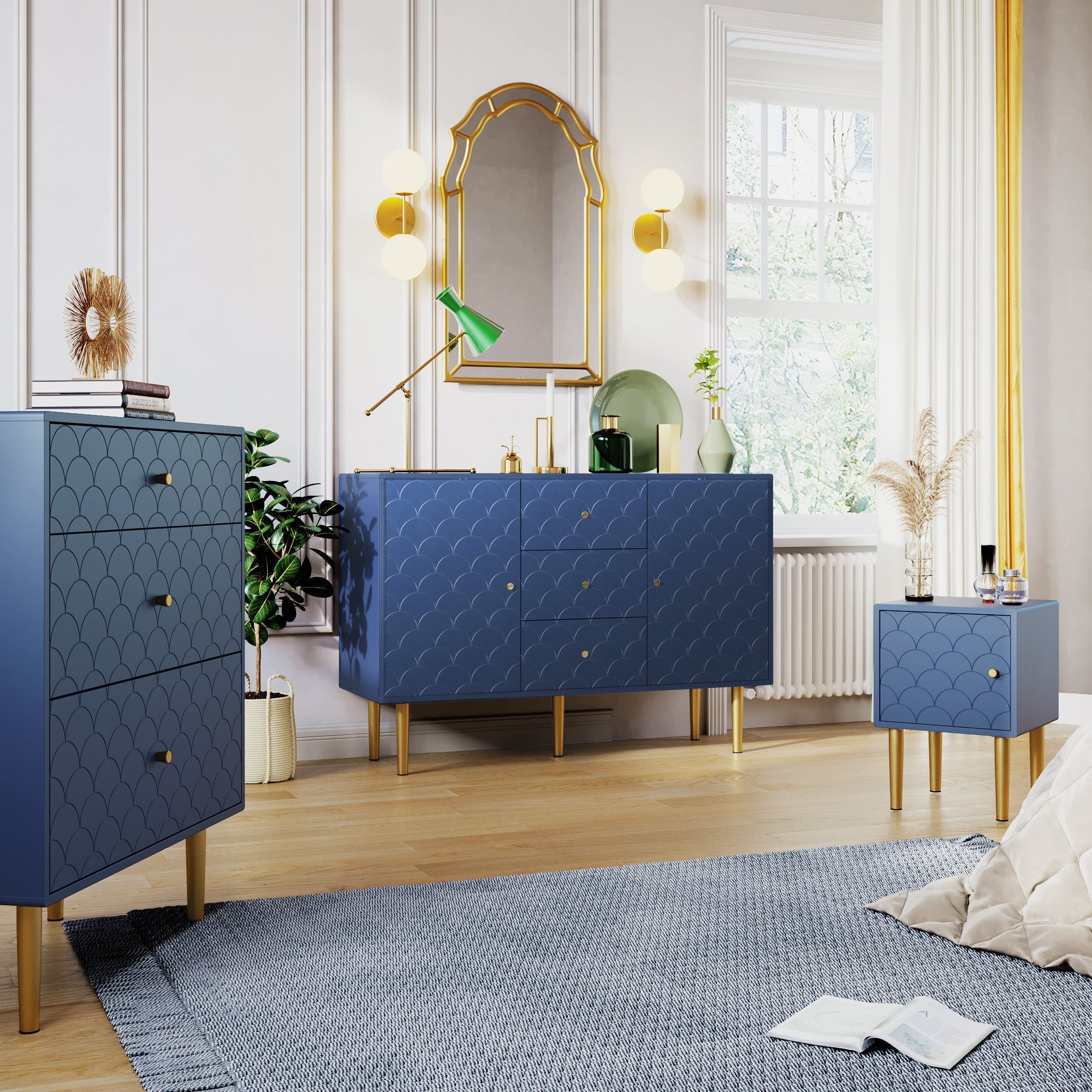 Sideboard Chest 2 Doors 3 Drawers Adjustable Shelf - Navy Blue