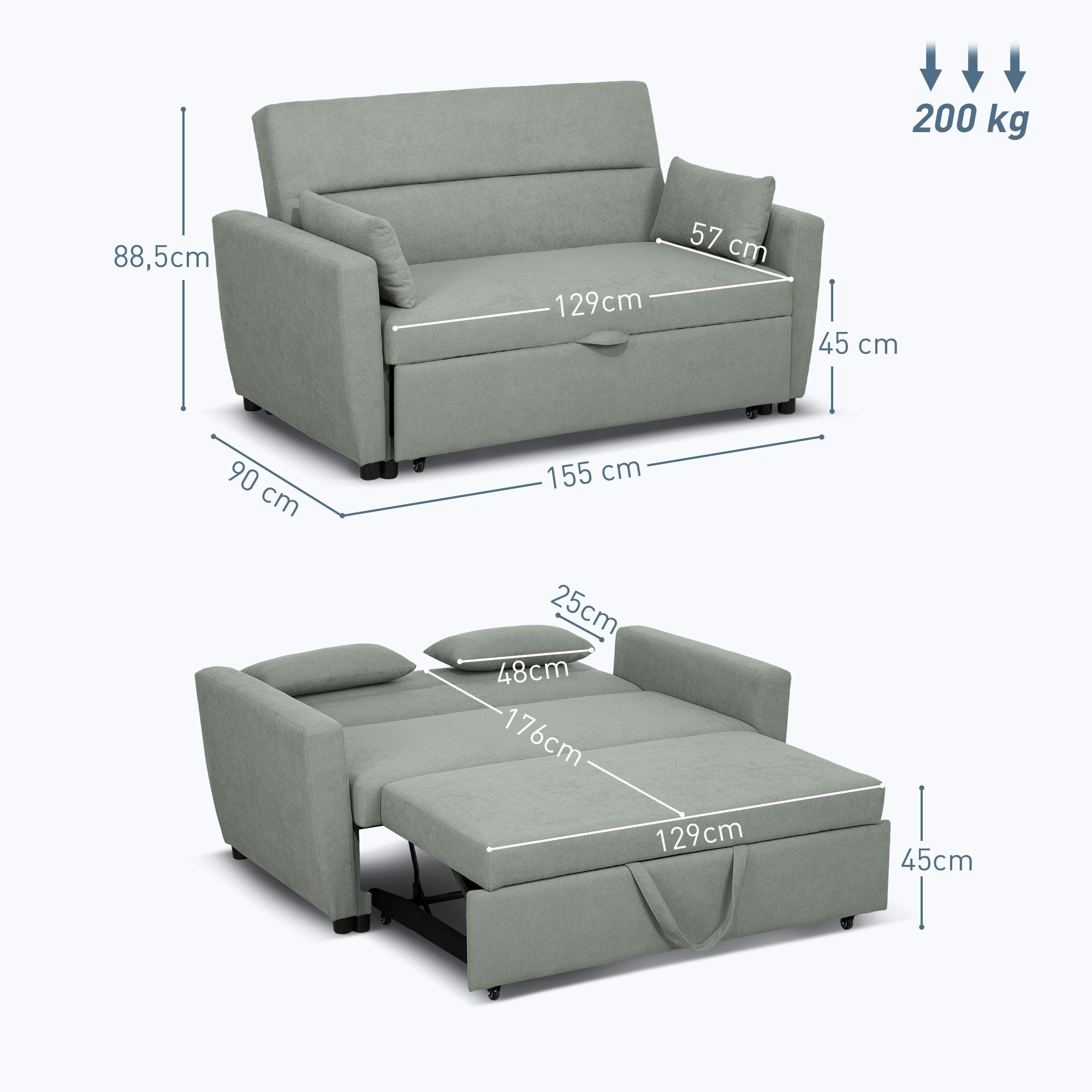 Sofa Bed 2-Seater Sleeping Function Adjustable Backrest Storage Velvet Look Light Grey
