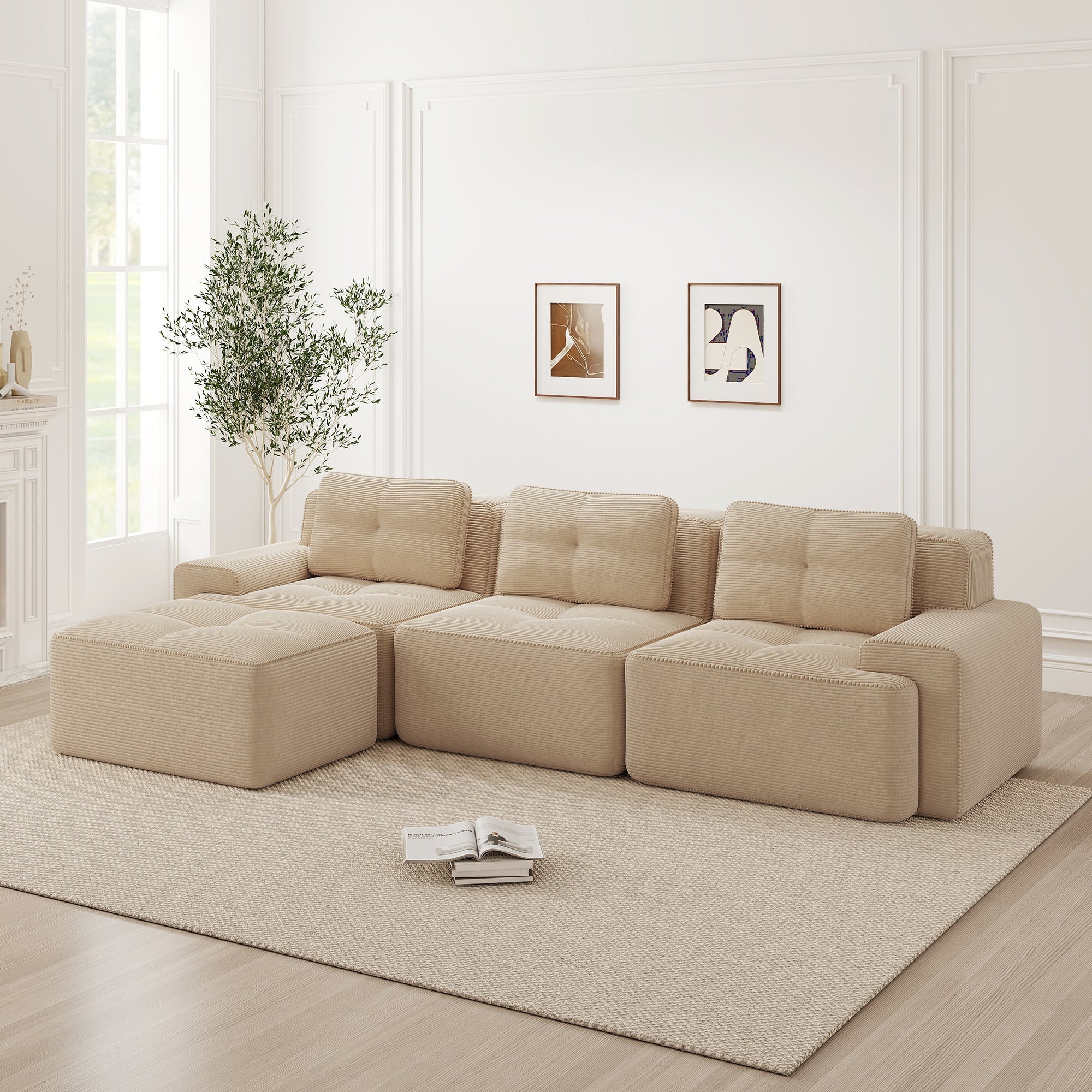 Cloud Modular L-Shaped Sofa 3-Seater Ottoman Boneless Corduroy Beige