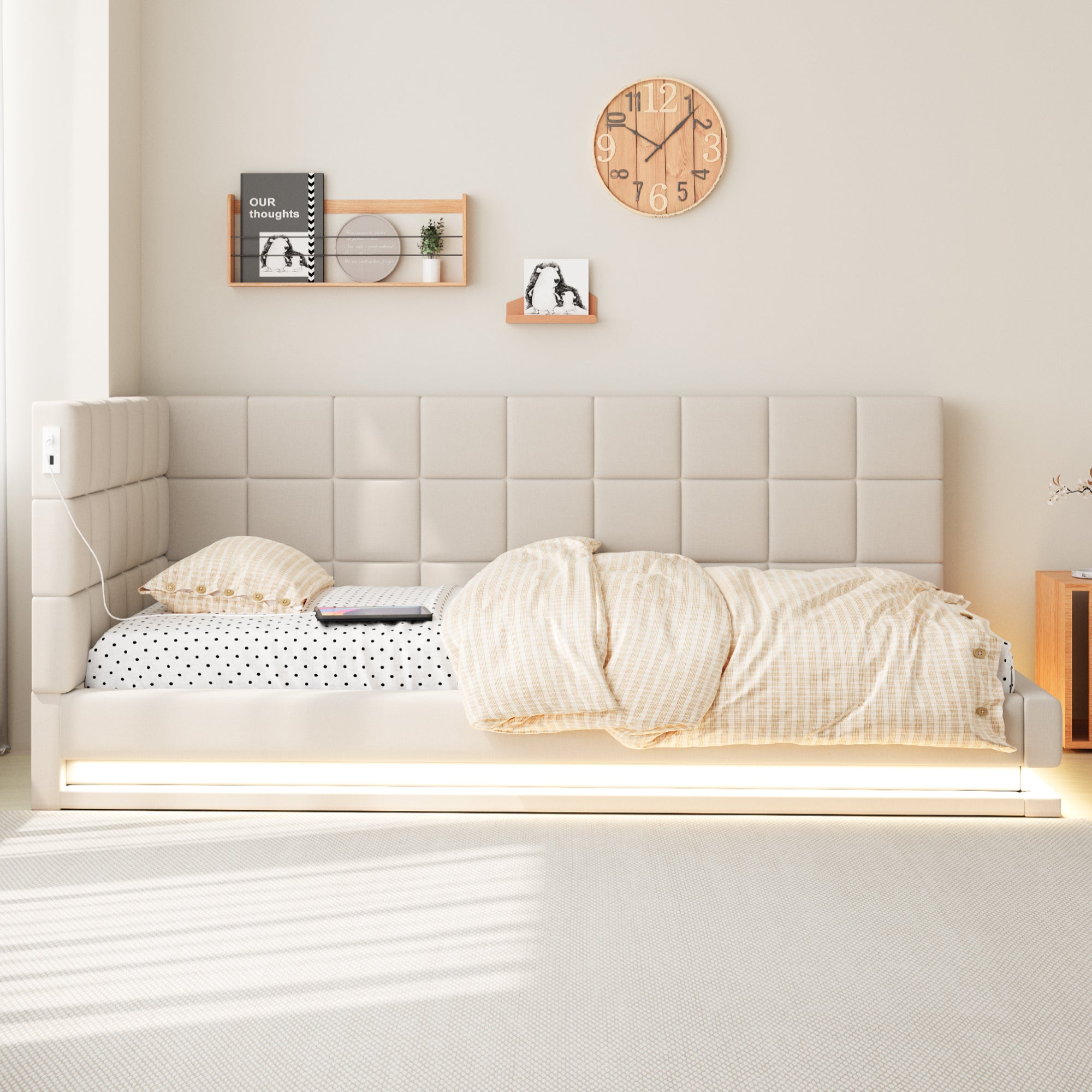 Upholstered Bed Sofa, 90x200 Multifunctional with LED & USB, Linen Fabric, Beige