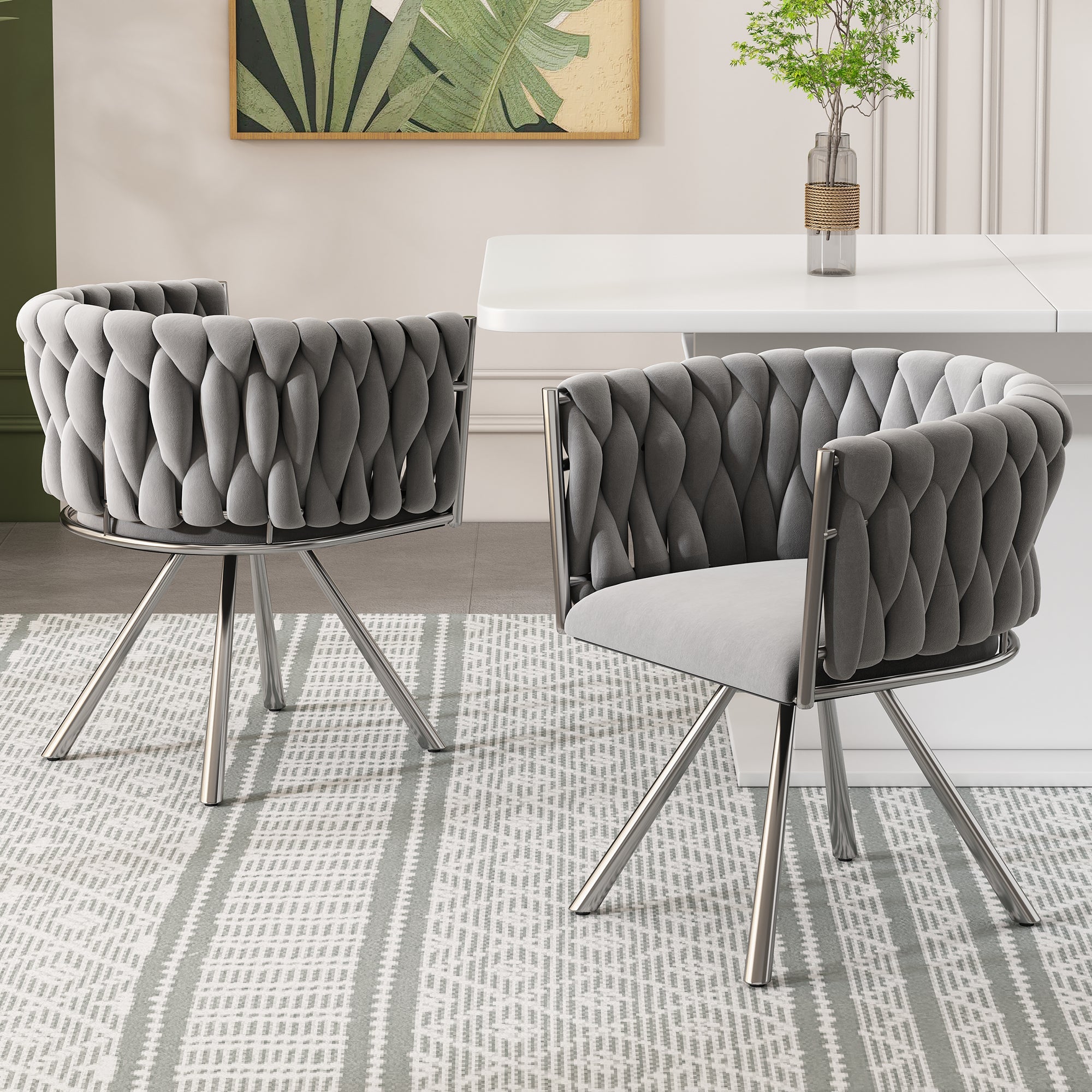 Velvet Dining Chair Set of 2 Swivel Metal Legs - Grey/Silver