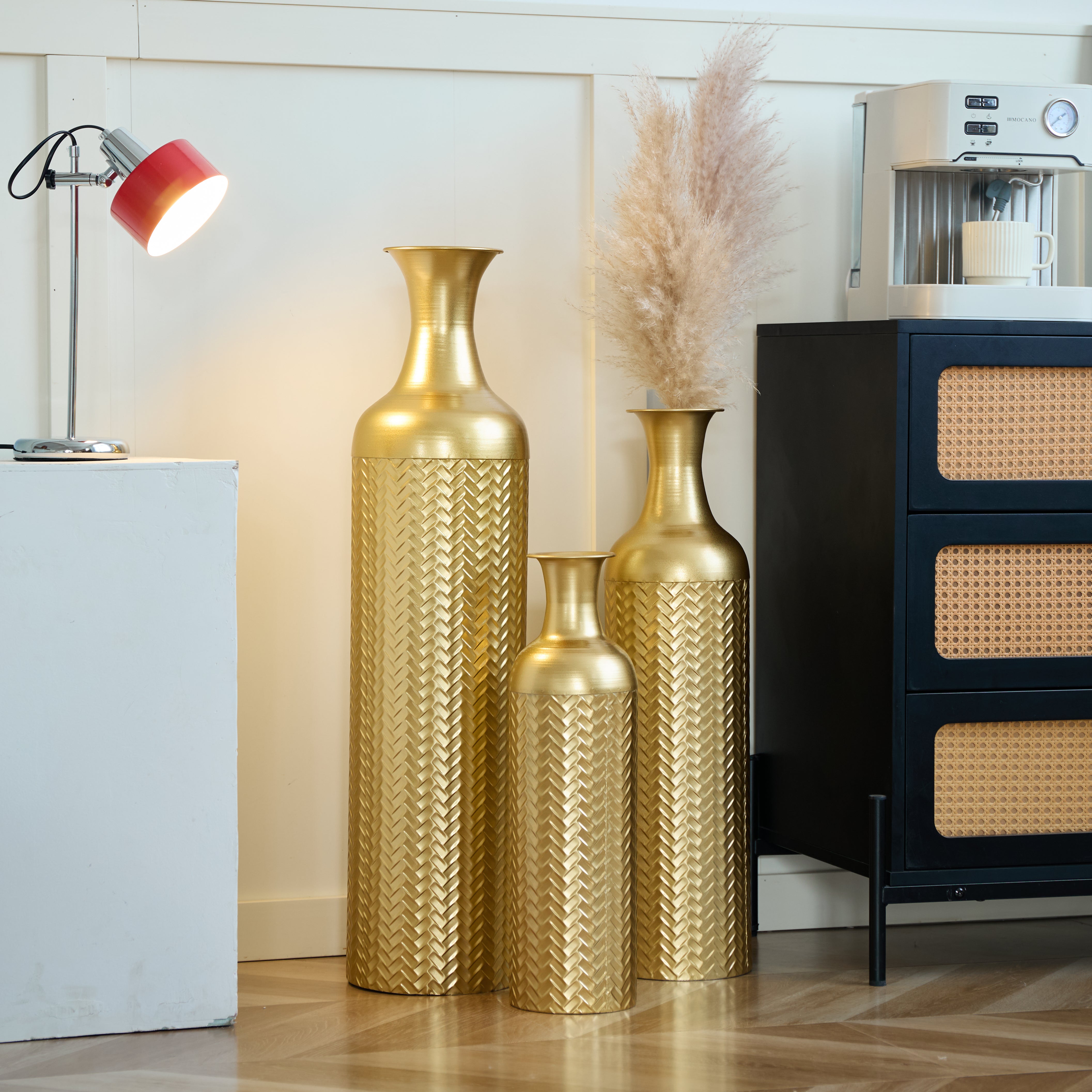 Golden Floor Vase Set, 3 Retro Decorative Vases 83/65/50cm High, Metal