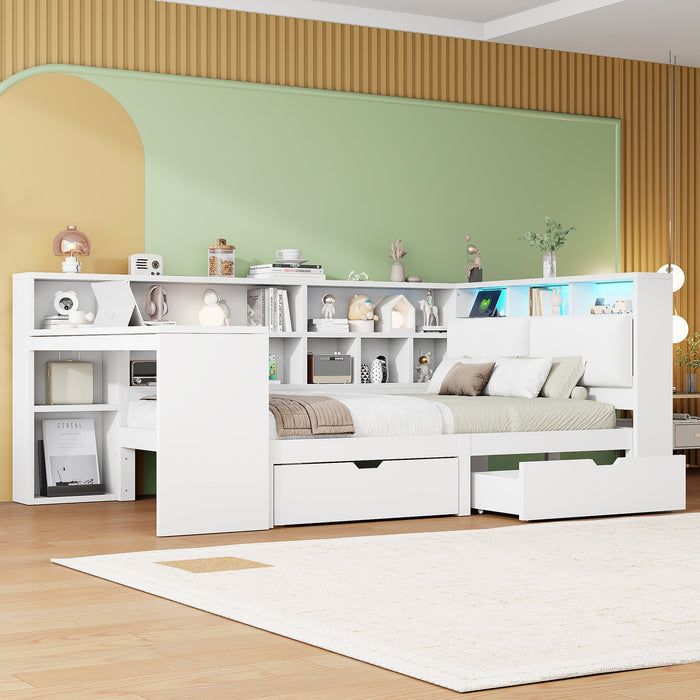 L-shaped Platform Bed 140x200 with Desk Bookshelf Upholstered Headboard Drawers LED Light White Wood