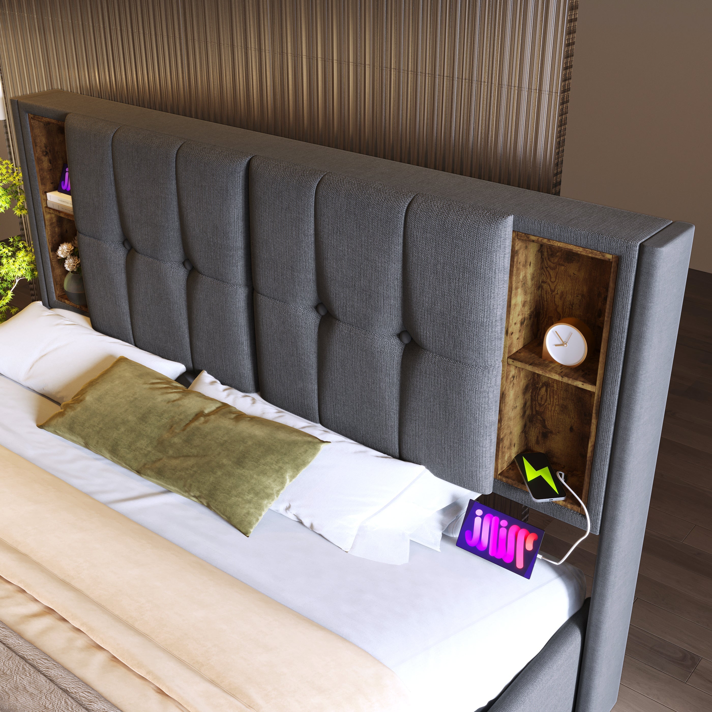 Double Bed with Wireless Charging, Storage, 140x200cm, Grey Cotton
