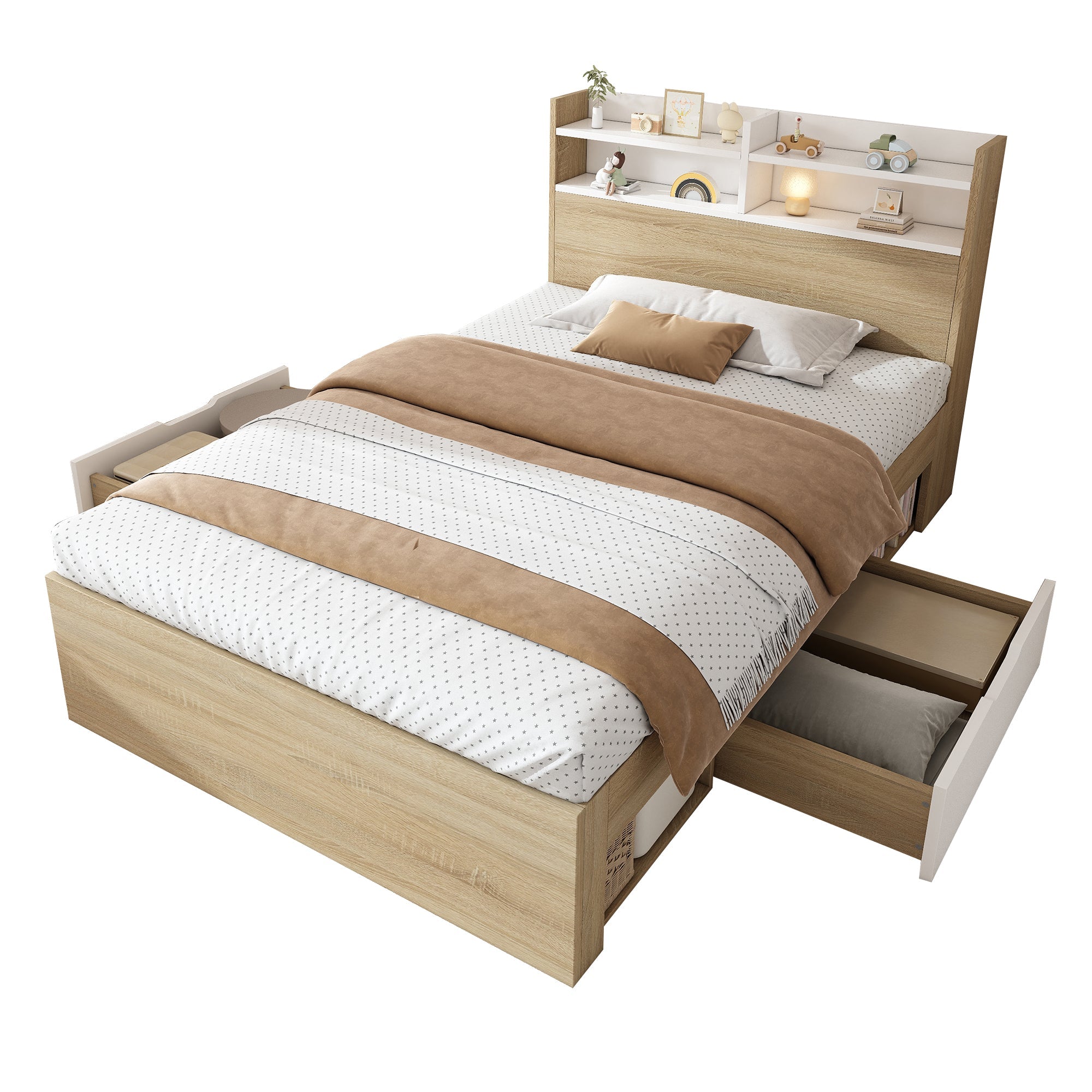 Wooden Single Bed with Headboard Shelf, 2 Drawers and Mattress, 90x200cm, White and Oak Solid Wood