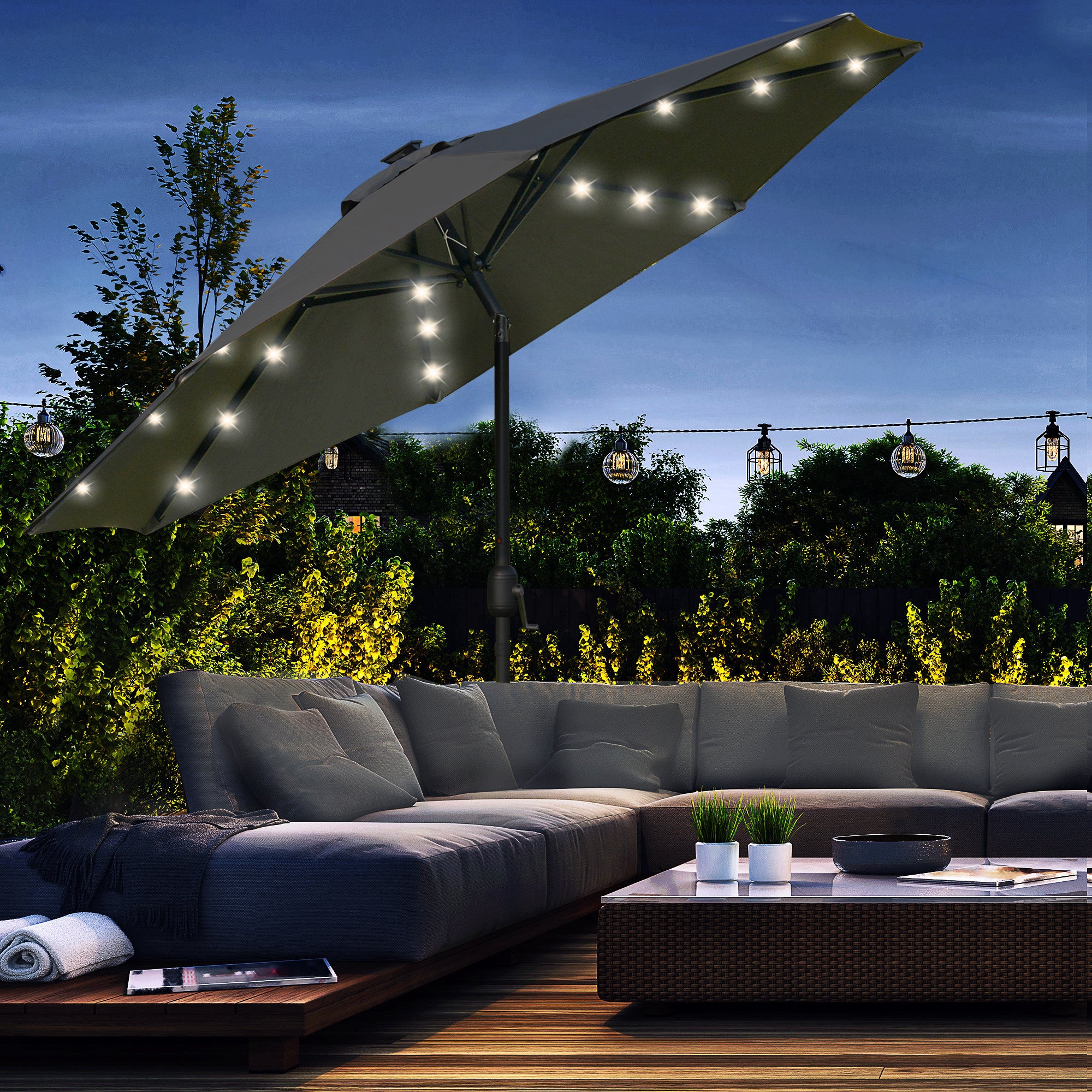 2.7m Patio Umbrella Parasol with Tilt Crank and 24 LED Lights - Grey