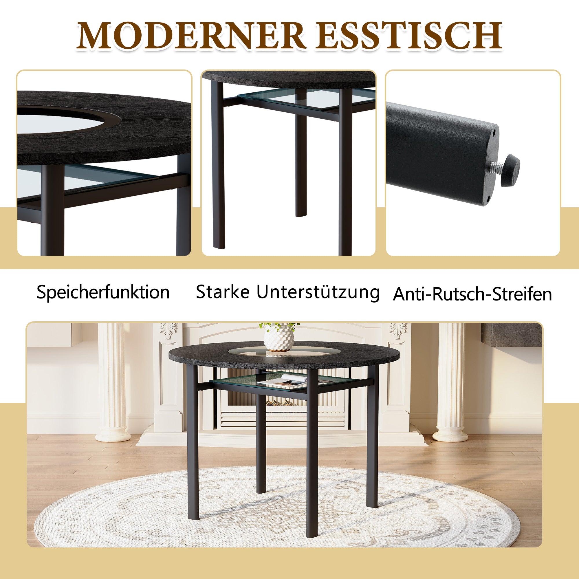 Modern Minimalist Round Table Set 100cm with 4 Tech Fabric Armchairs Black Wood Look & Brown