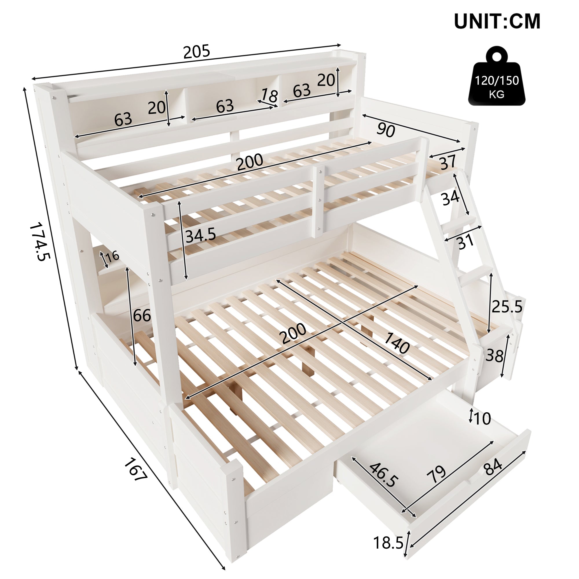Bunk Bed with Storage Shelves, Drawer and LED Light, 90x200cm over 140x200cm, White