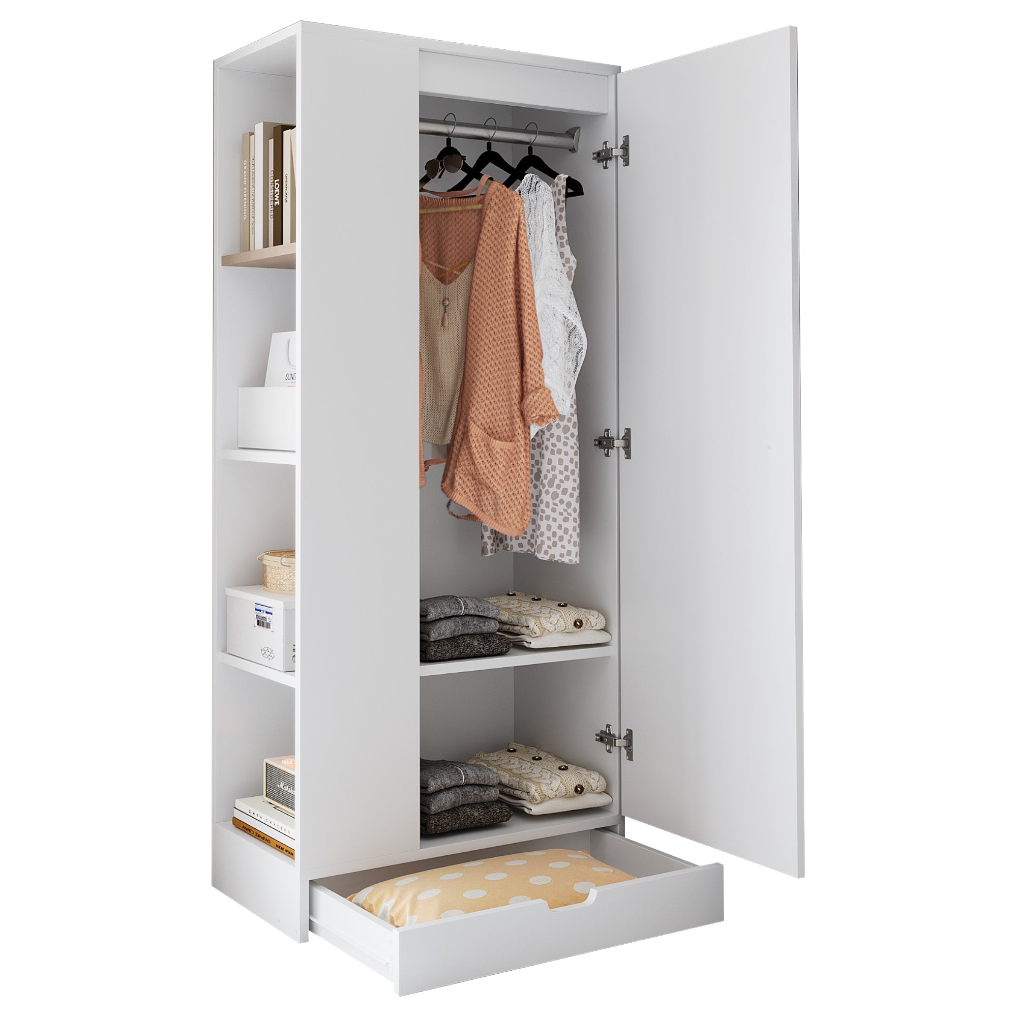 Wardrobe 70x40x170cm Single-Door with Shelves and Drawers, Pure White