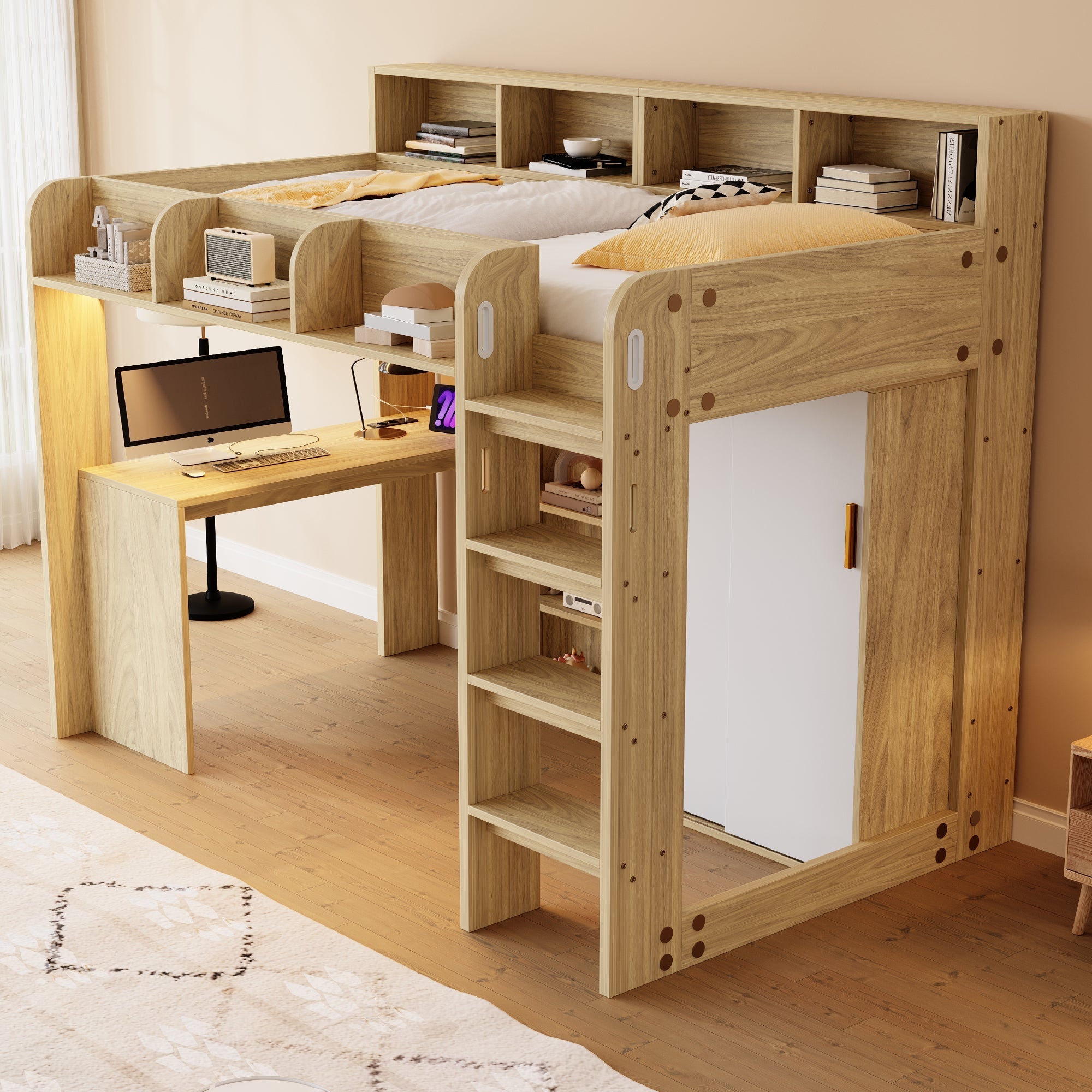 Multifunctional Loft Bed with Desk, Wardrobe, LED Lighting and Power Outlet, Wood Color