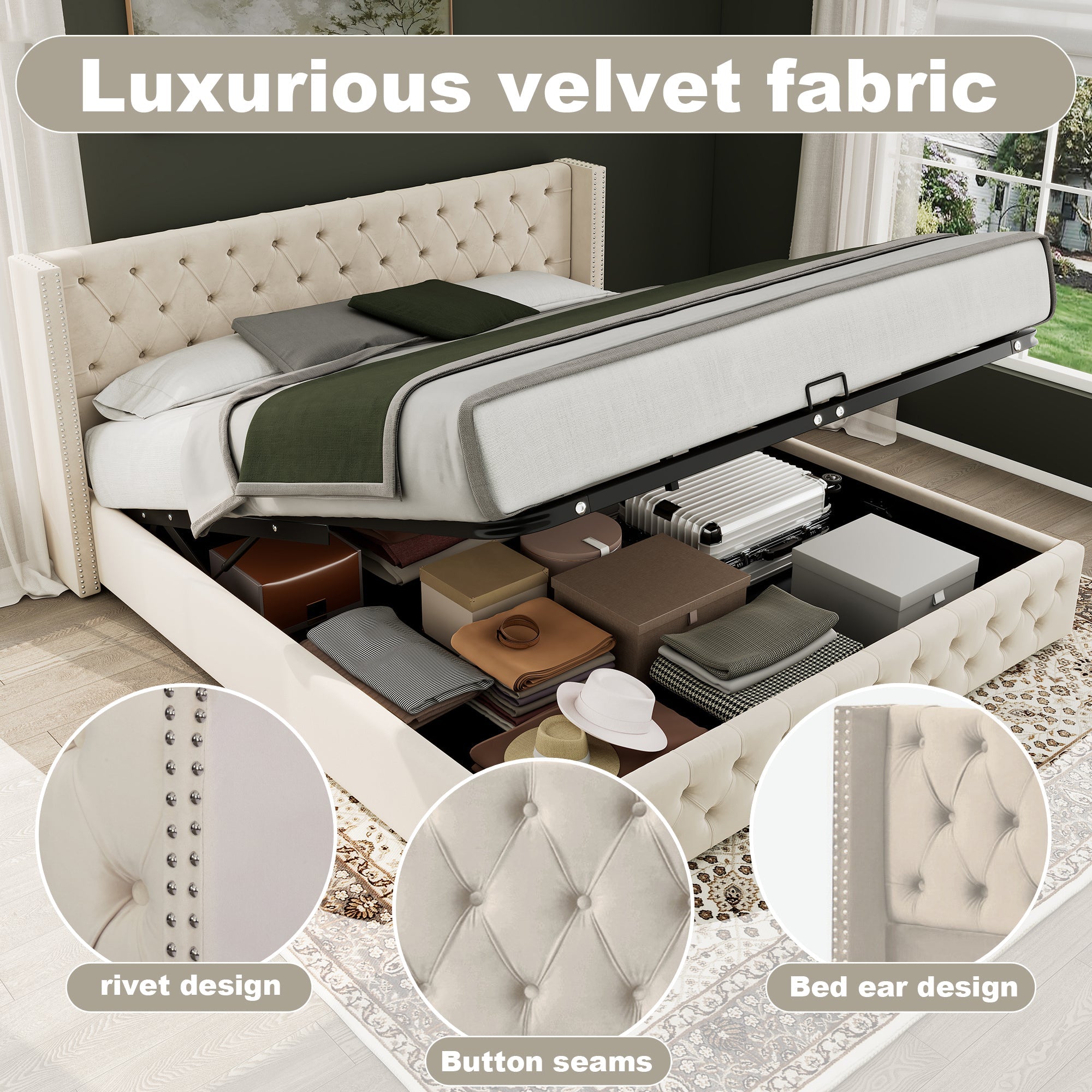 Upholstered Bed, Hydraulic Lift & Storage, 150x200cm Velvet, Beige