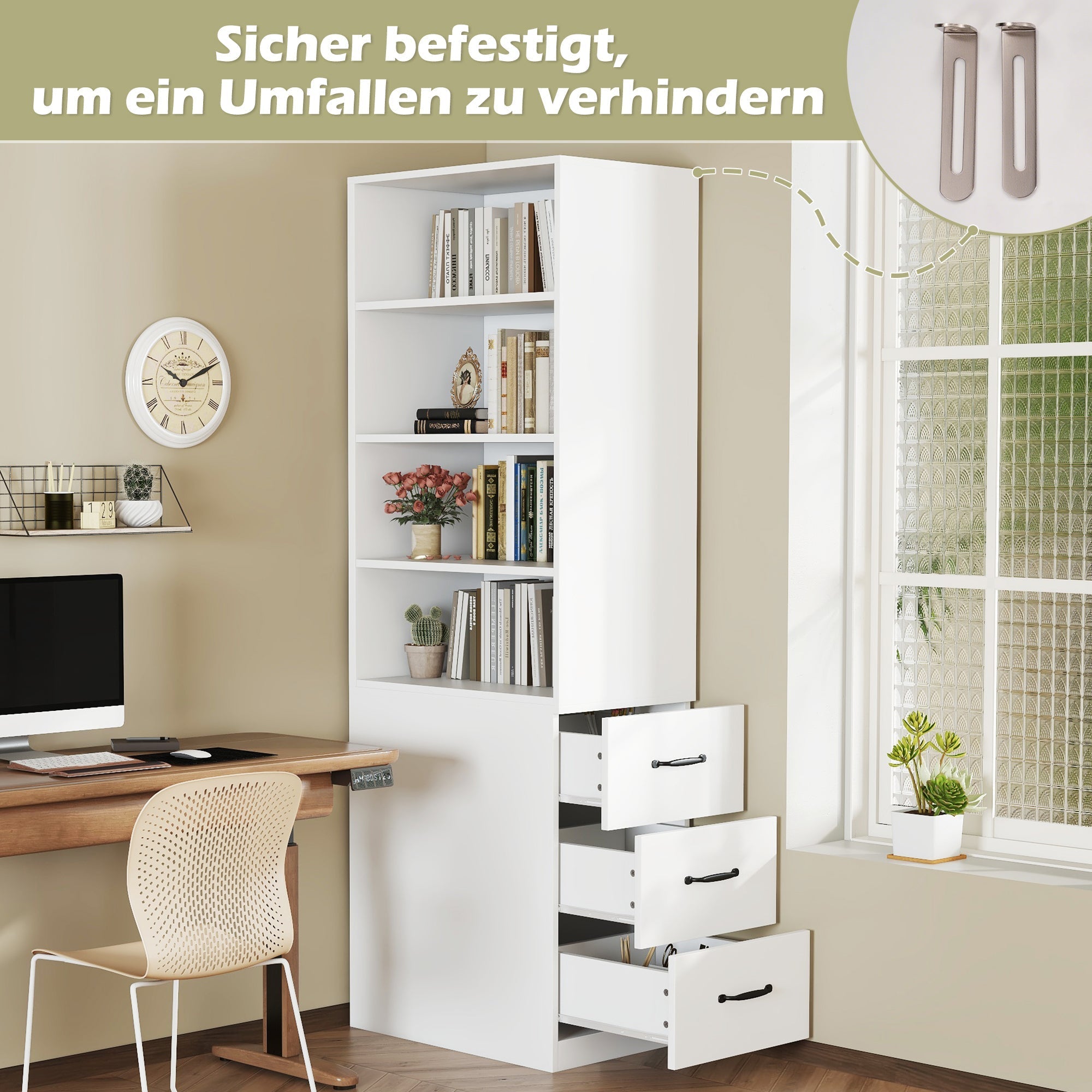 Bookcase, 180cm Extra-Narrow with Side Drawers, Adjustable Shelves, Living Room Tall Cabinet
