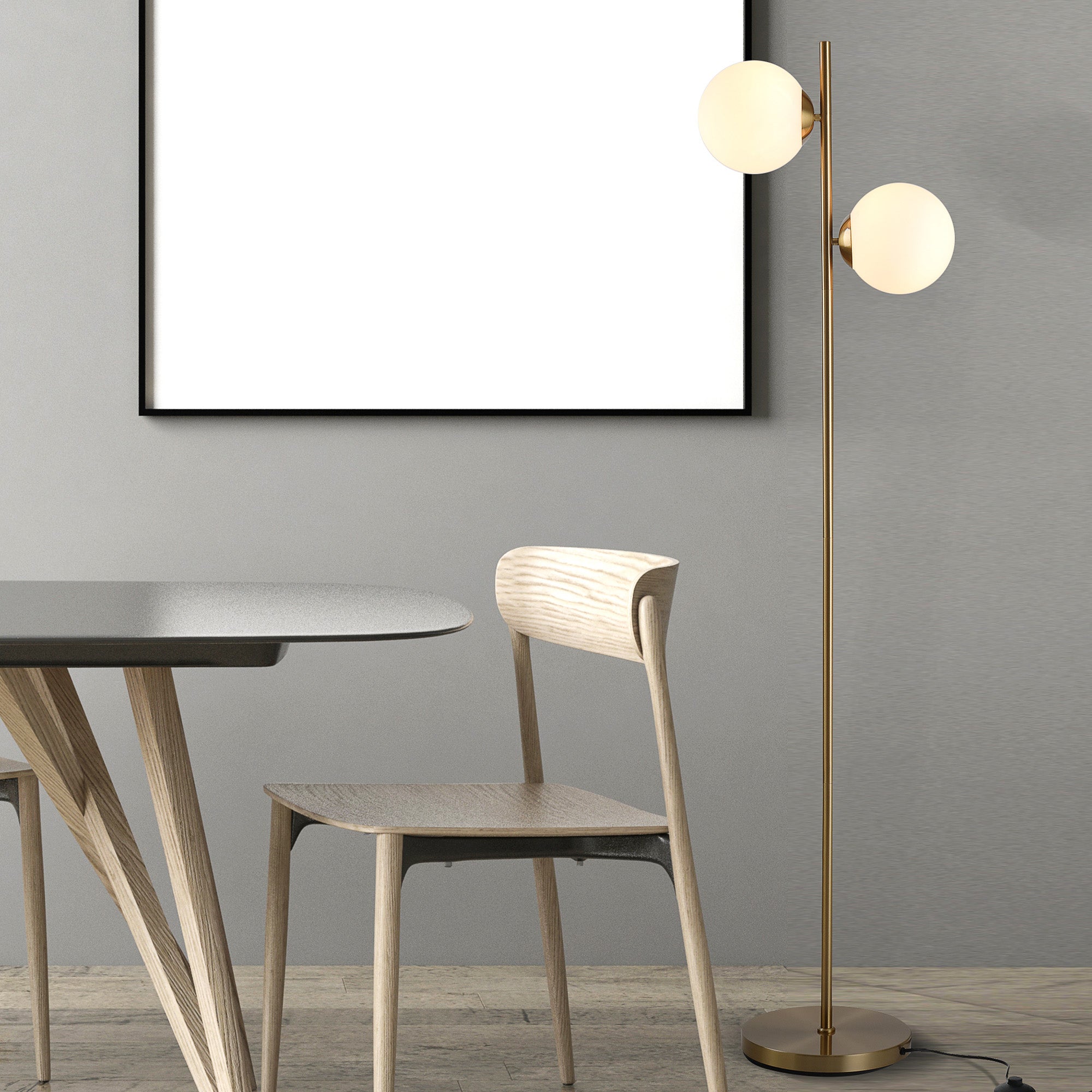 Floor Lamp 2-Piece, Glass Lampshade 165cm High, Gold and White