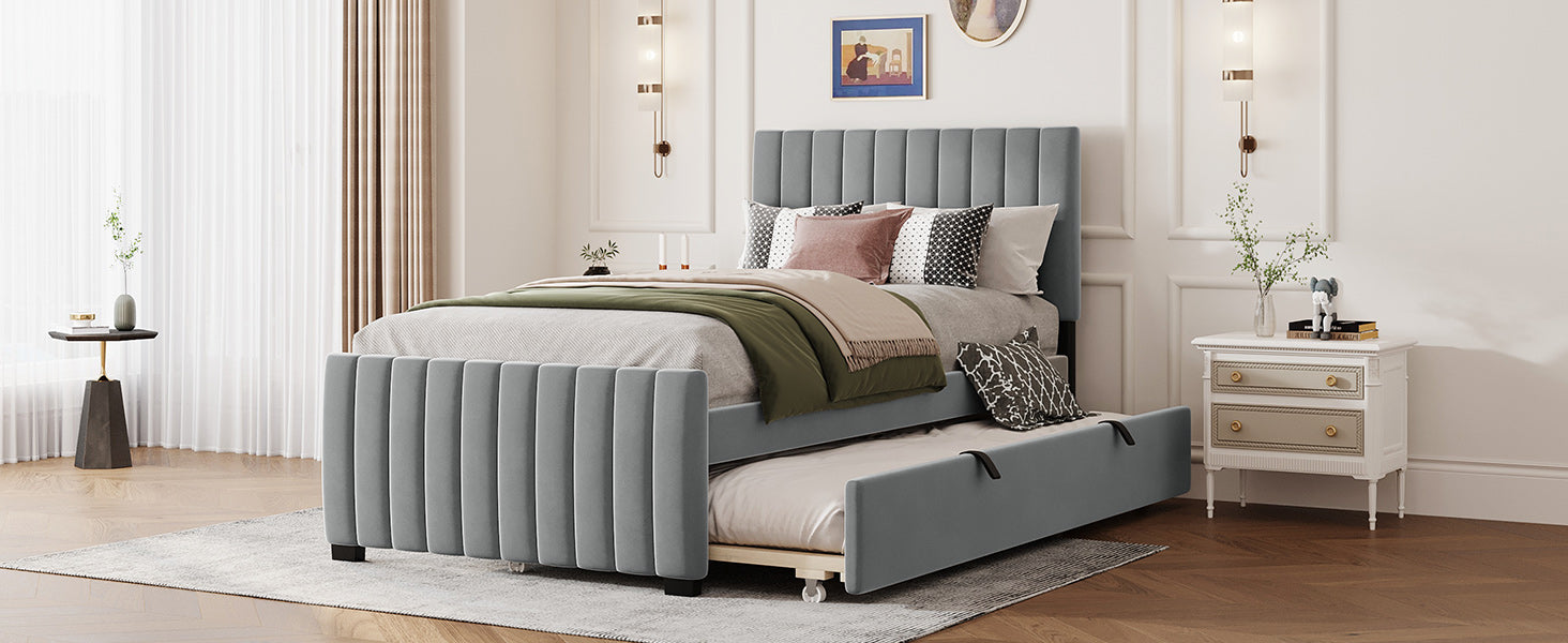 Upholstered Bed with Pull-Out, 90 x 190 cm Single, Grey Velvet