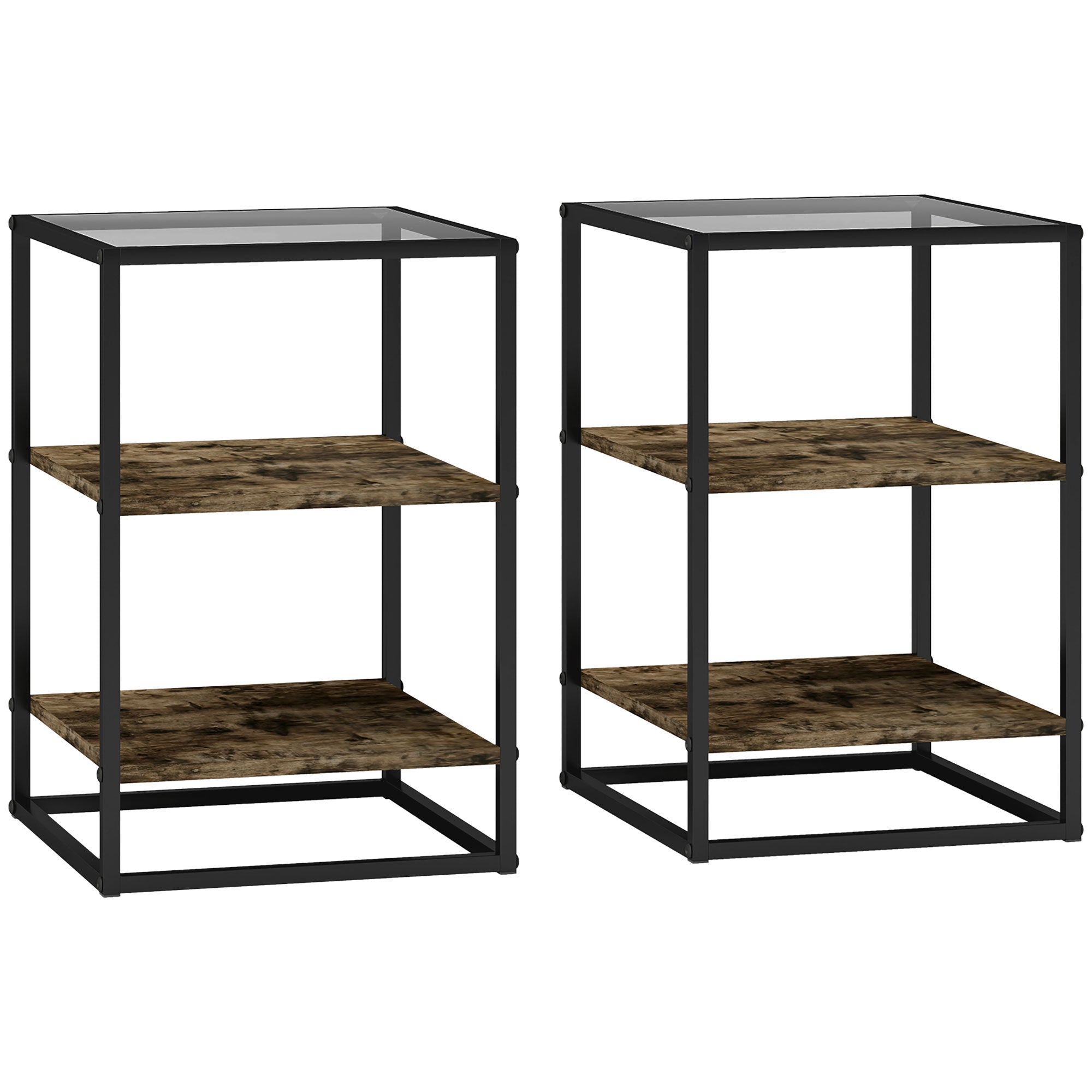 Set of 2 coffee tables, glass tops, 3 levels, rustic brown