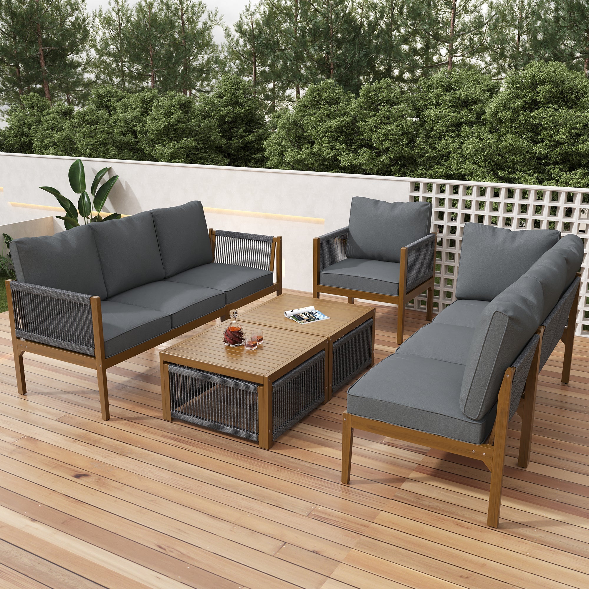 Garden Lounge Set for 7-8 People with Sofa, Table and Washable Cushions, Natural and Grey