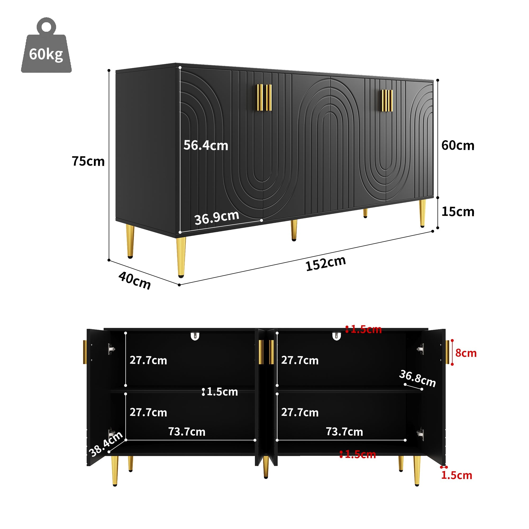 Sideboard, Wave Design with Golden Handles & Feet, Black