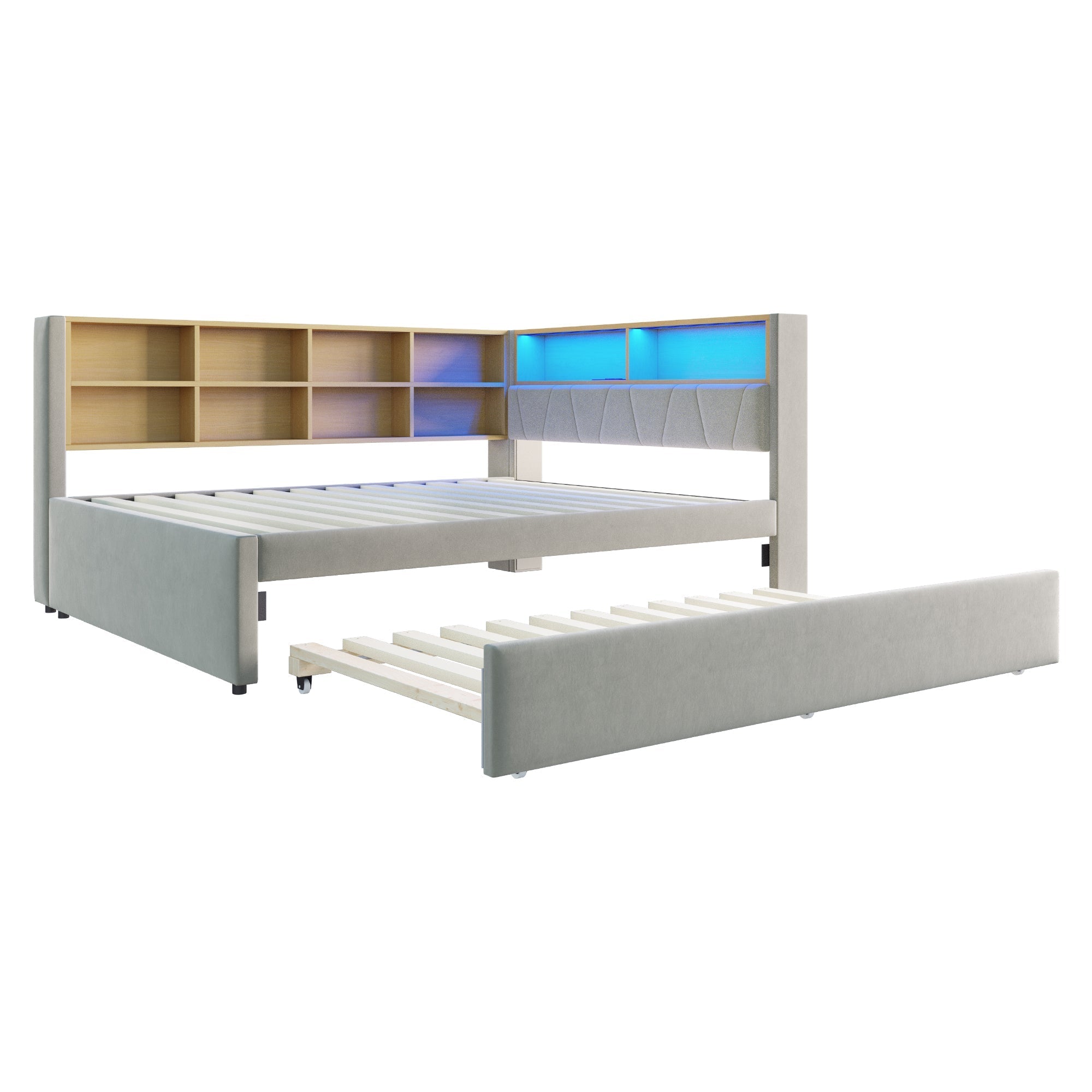 Solid Wood Sofa Bed with Pull-Out Bed, USB Ports & Storage, Grey
