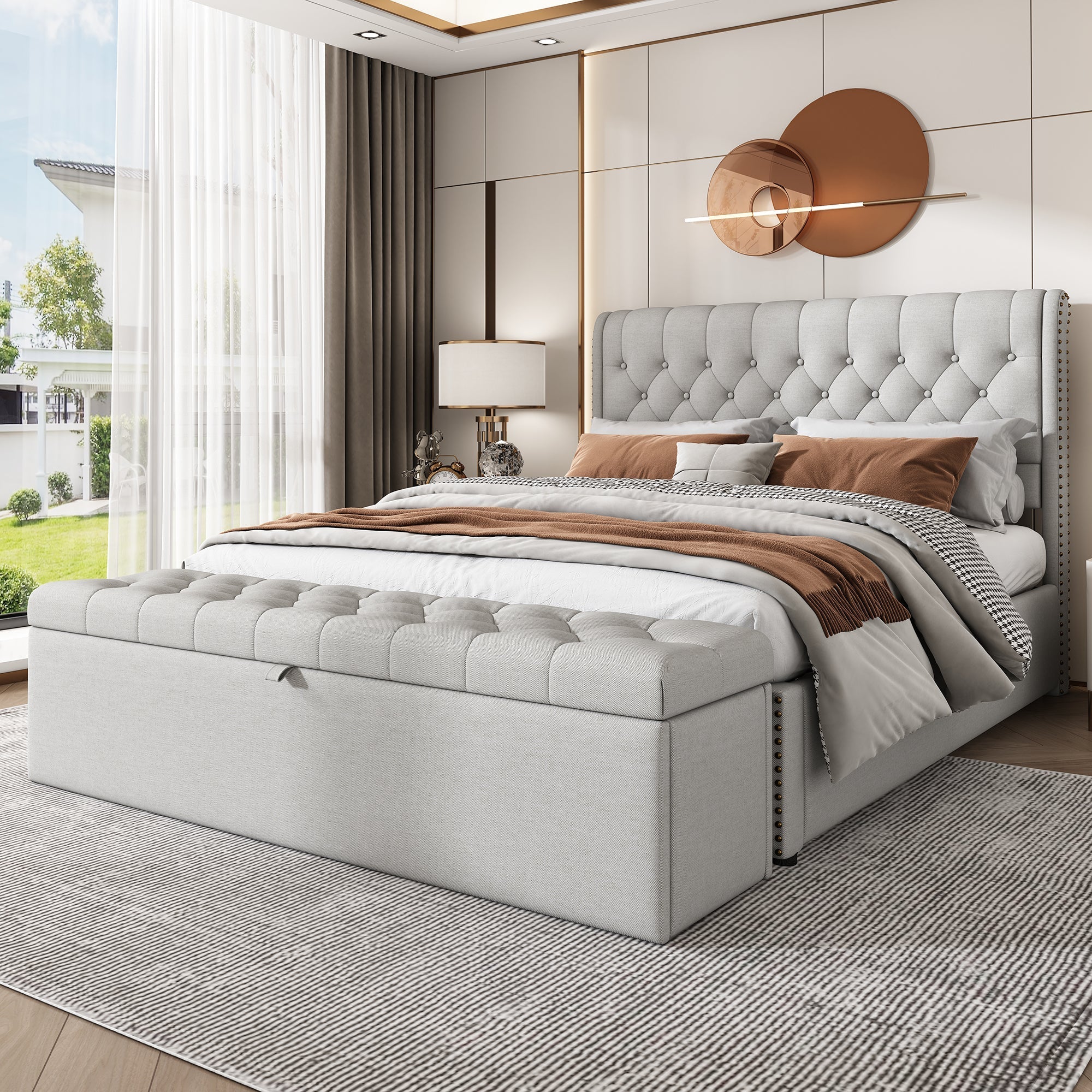 Upholstered Double Bed with Hydraulic Lift & Storage, Rivet Decoration, Velvet Light Grey