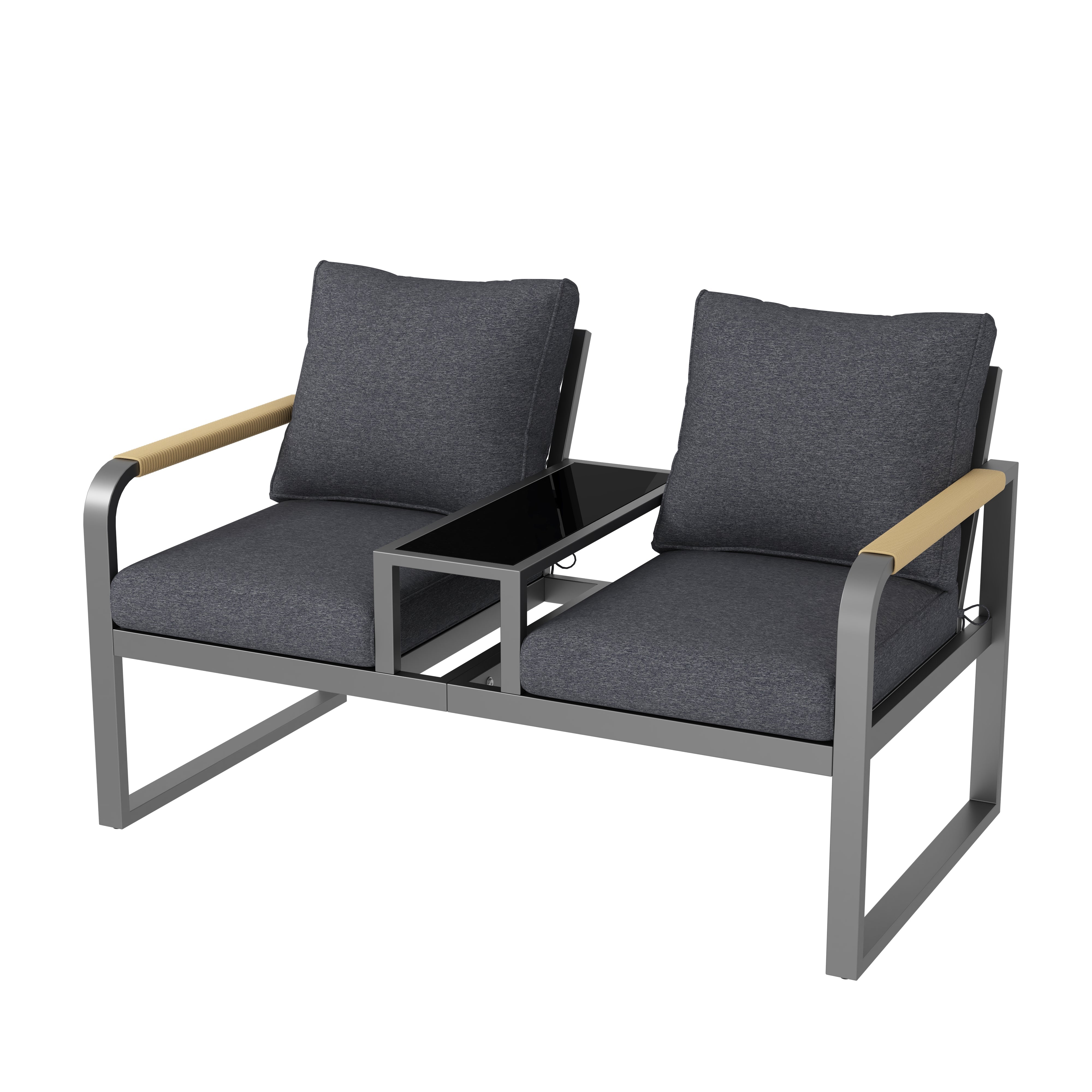 Garden Furniture Set, 2-Seater Outdoor Sofa with Glass Top and Woven Armrests, Grey Galvanized Iron