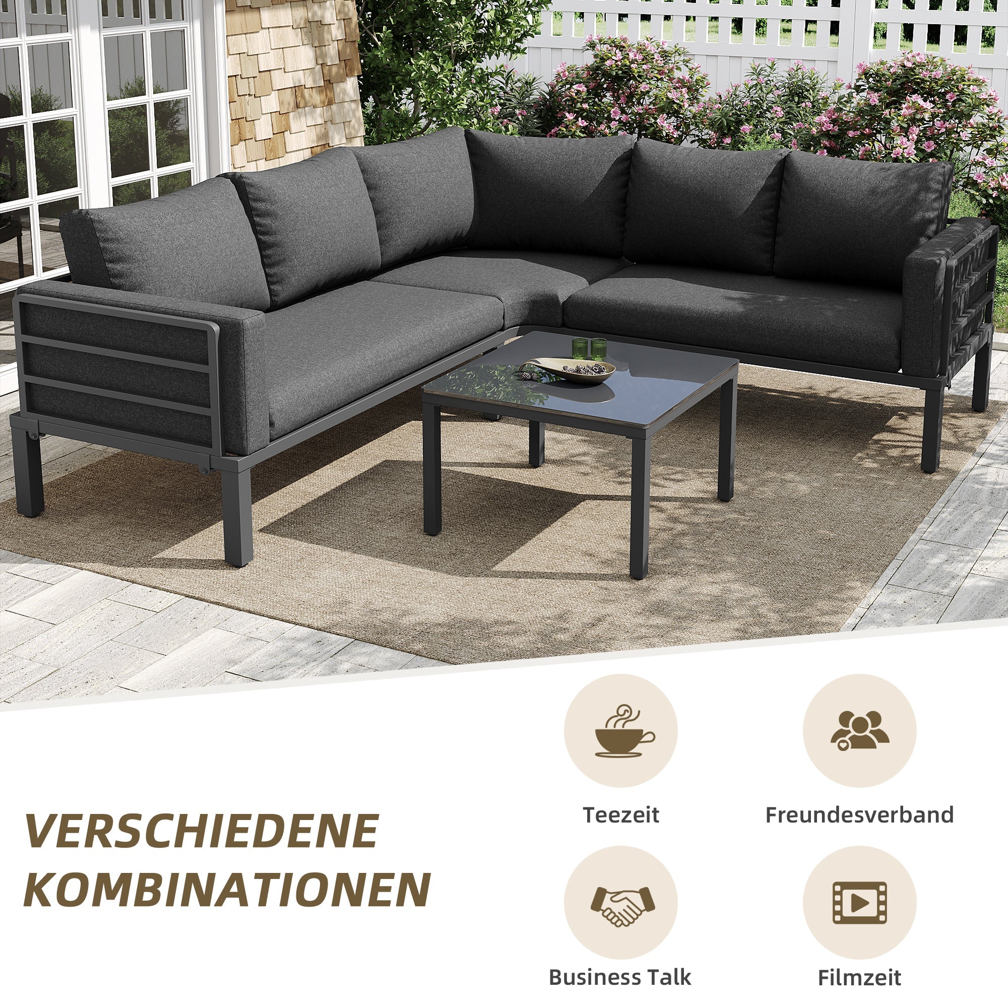 Garden Furniture Set 4-5 Seater with Tempered Glass Coffee Table Adjustable Legs Galvanized Iron Grey Cushions